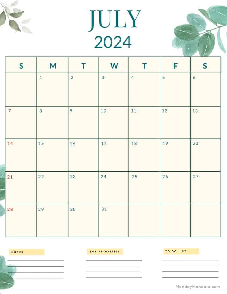 July 2024 Calendars (52 Free Pdf Printables) with July 2024 Portrait Calendar