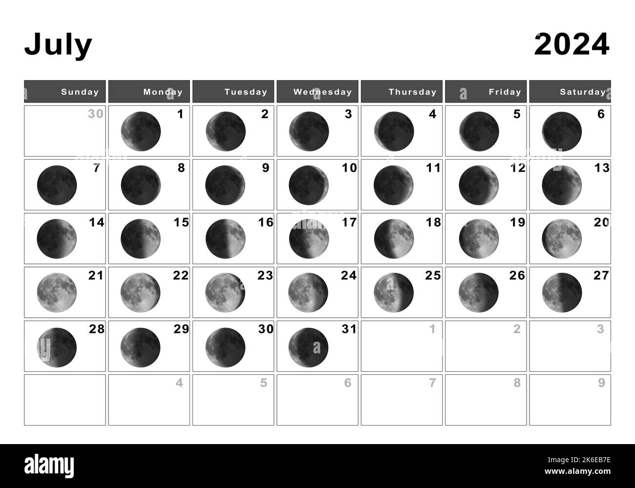 July 2024 Lunar Calendar, Moon Cycles, Moon Phases Stock Photo - Alamy in July Calendar with Moon Phases 2024