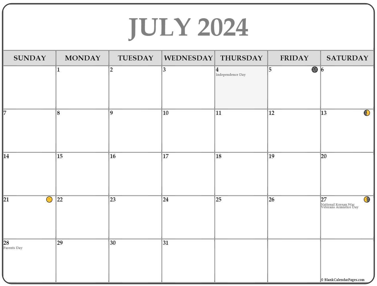 July 2024 Lunar Calendar | Moon Phase Calendar for July Calendar with Moon Phases 2024