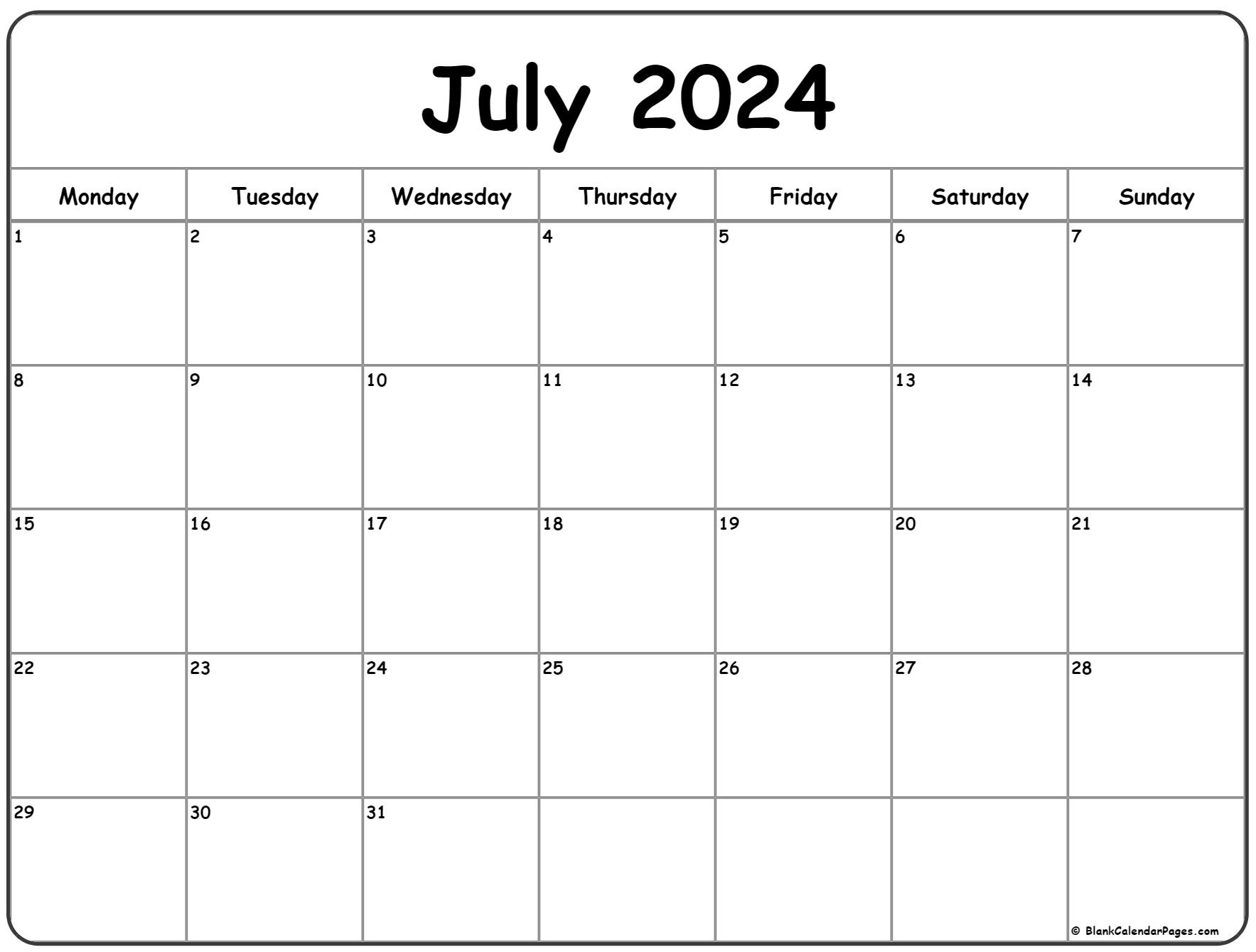 July 2024 Monday Calendar | Monday To Sunday for July 2024 Daily Calendar