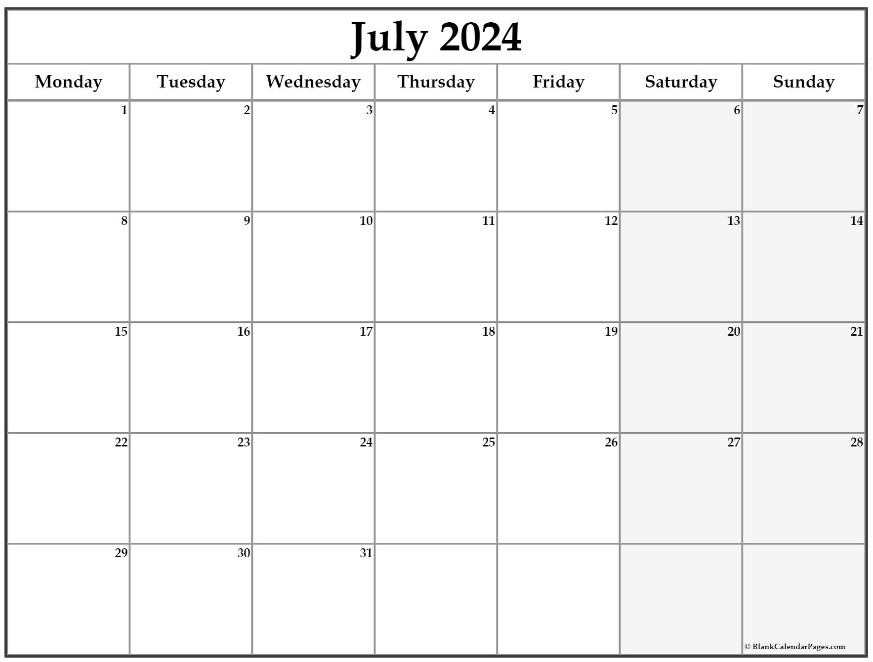 July 2024 Monday Calendar | Monday To Sunday throughout July 2024 Calendar Monday Start