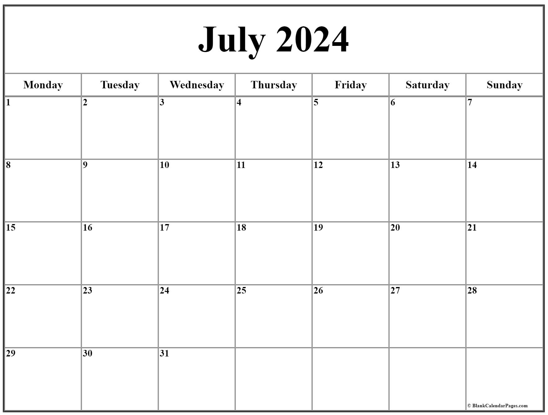 July 2024 Monday Calendar | Monday To Sunday within July 2024 Calendar Monday Start