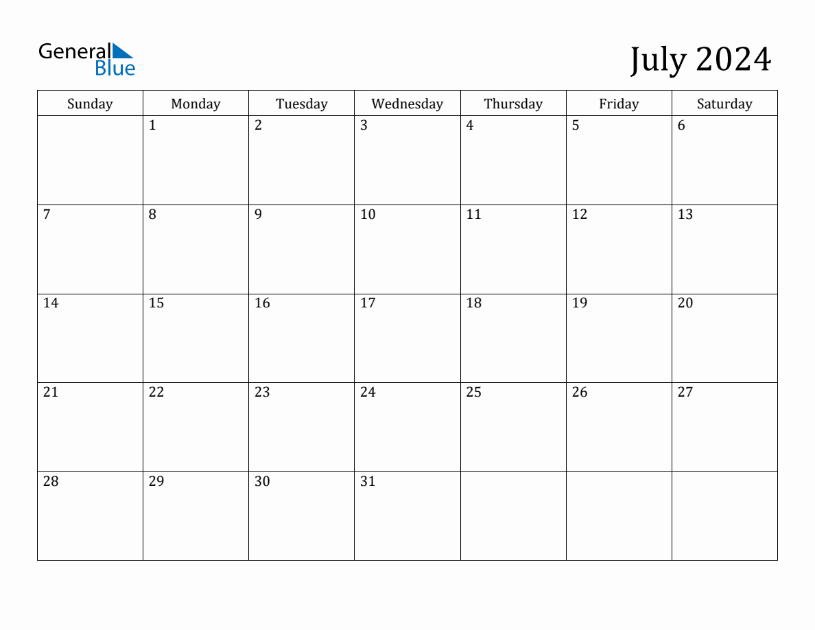 July 2024 Monthly Calendar intended for General Blue July 2024 Calendar