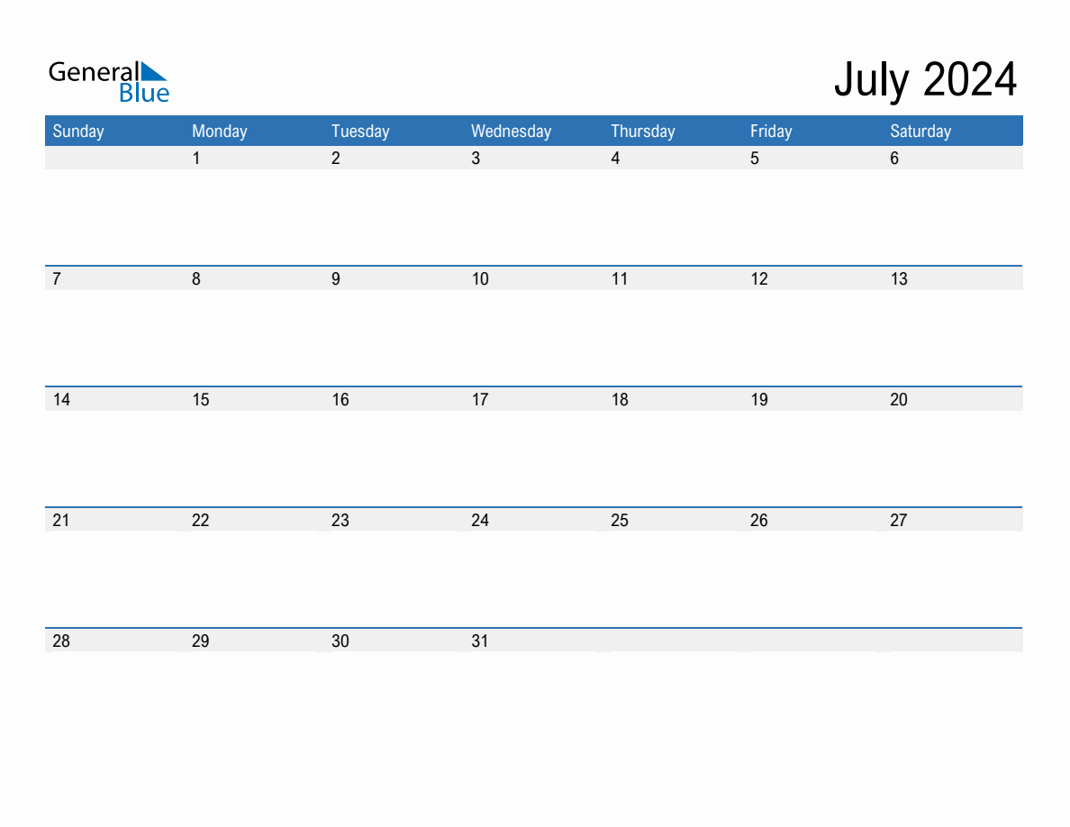 July 2024 Monthly Calendar (Pdf, Word, Excel) inside General Blue July 2024 Calendar