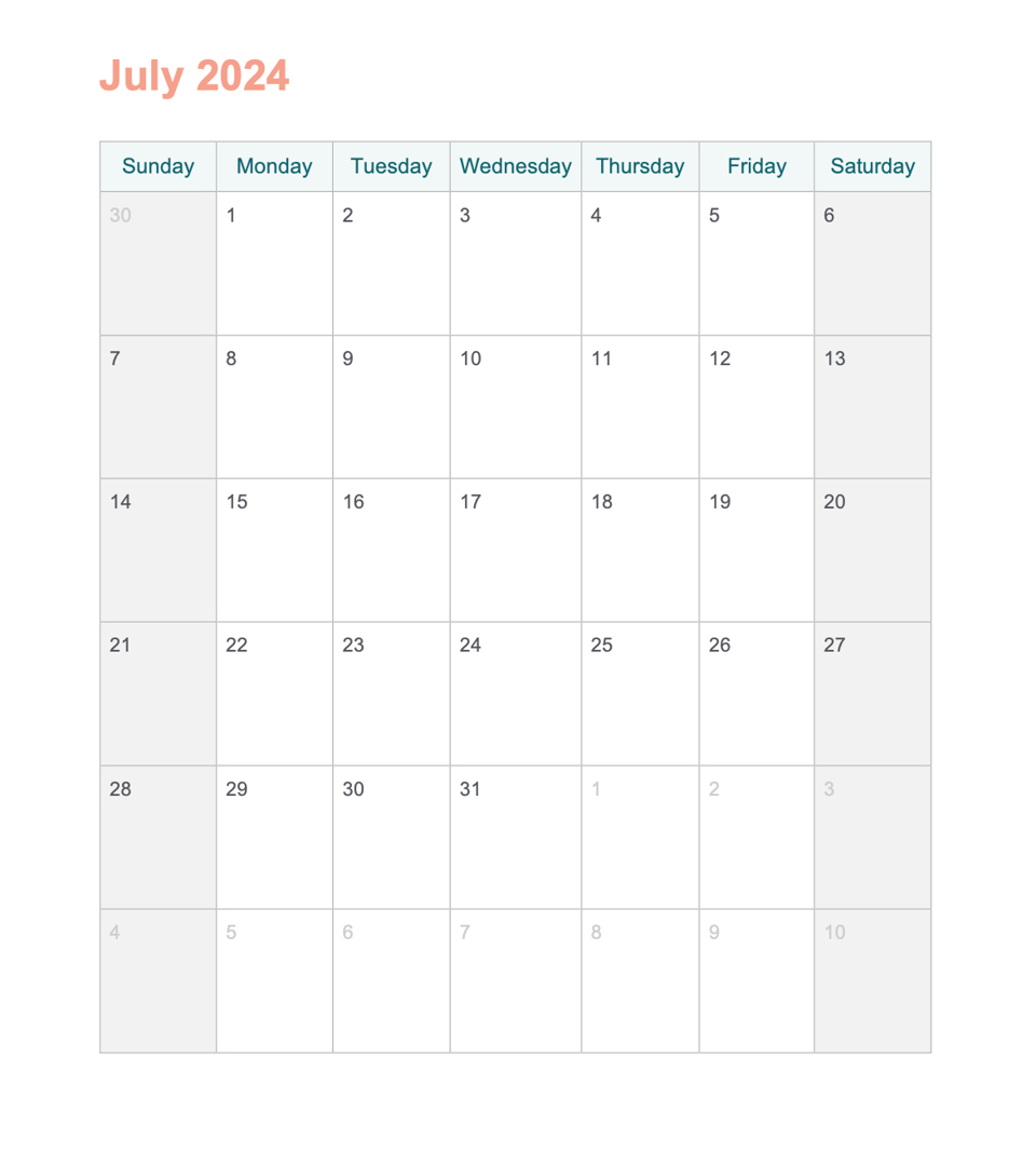 July 2024 Printable Calendar With Word - Agendrix in July 2024 Word Calendar