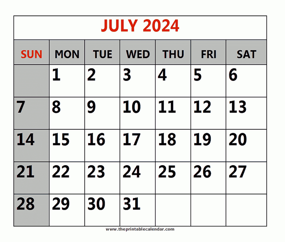 July 2024 Printable Calendars throughout 3 July 2024 Calendar Printable