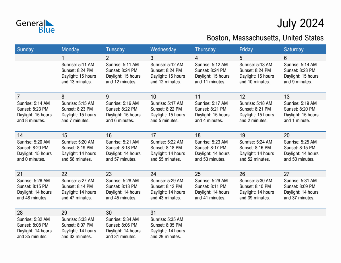 July 2024 Sunrise And Sunset Calendar For Boston (Pdf, Excel, Word) for Boston Calendar July 2024