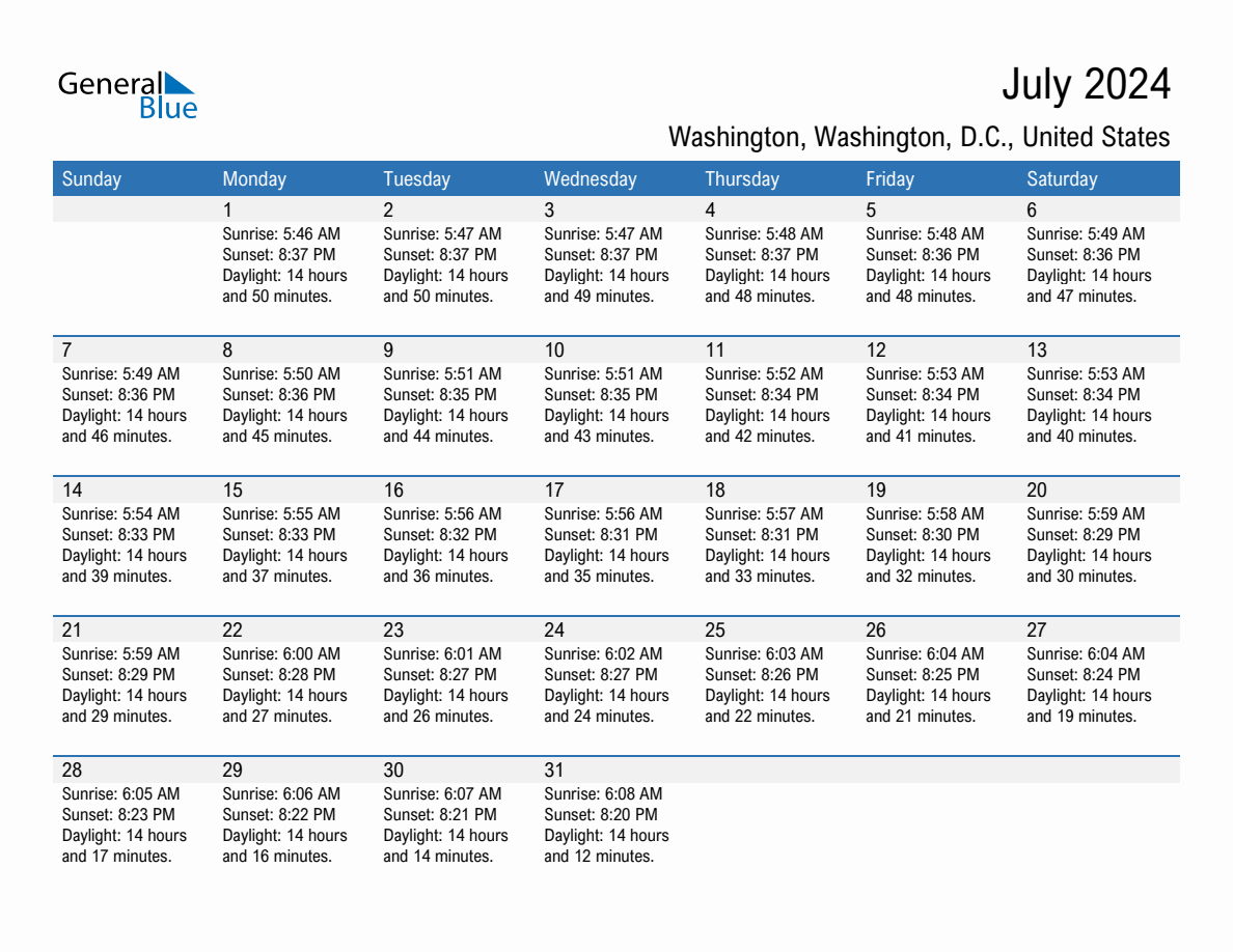 July 2024 Sunrise And Sunset Calendar For Washington (Pdf, Excel with regard to Washington Dc July Calendar 2024