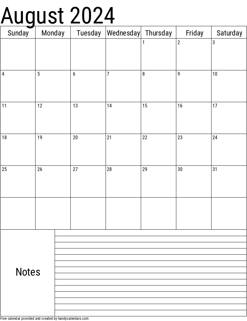 July 2024 Vertical Calendar With Notes - Handy Calendars for Open Calendar For July 2024