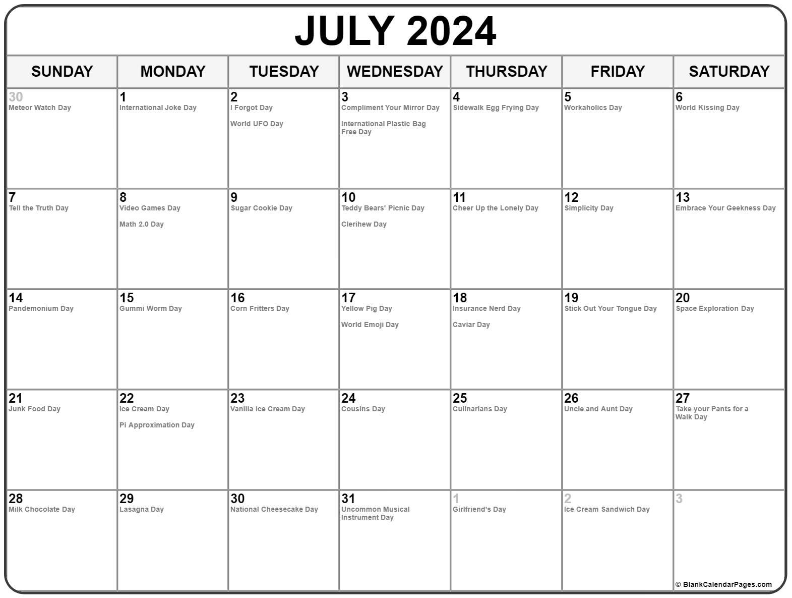 July 2024 With Holidays Calendar for National Calendar Day July 2024
