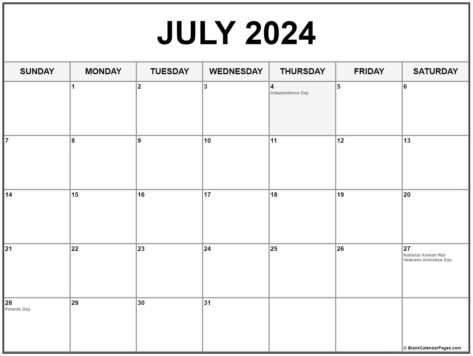 July 2024 With Holidays Calendar in July 2024 Holiday Calendar