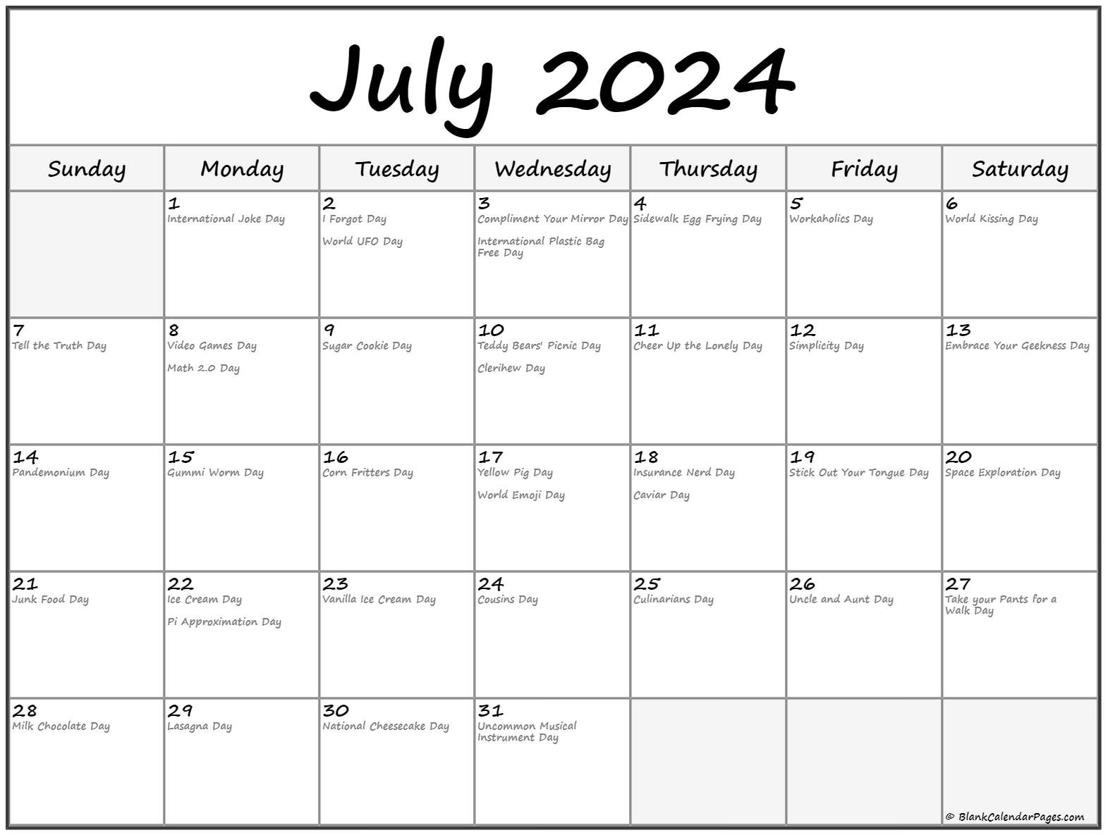 July 2024 With Holidays Calendar within Fun Calendar Days in July 2024