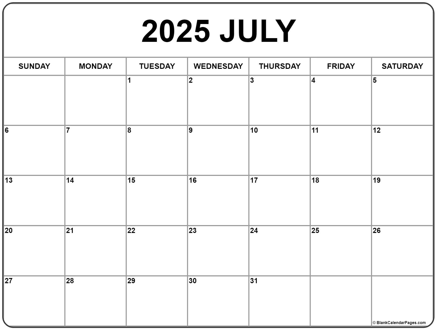 July 2025 Calendar | Free Printable Calendar with Calendar For July 2025