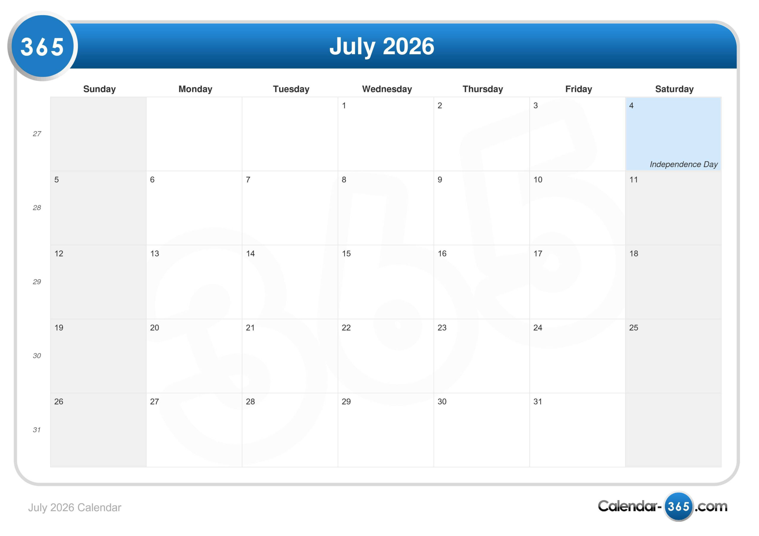 July 2026 Calendar inside Calendar For July 2026