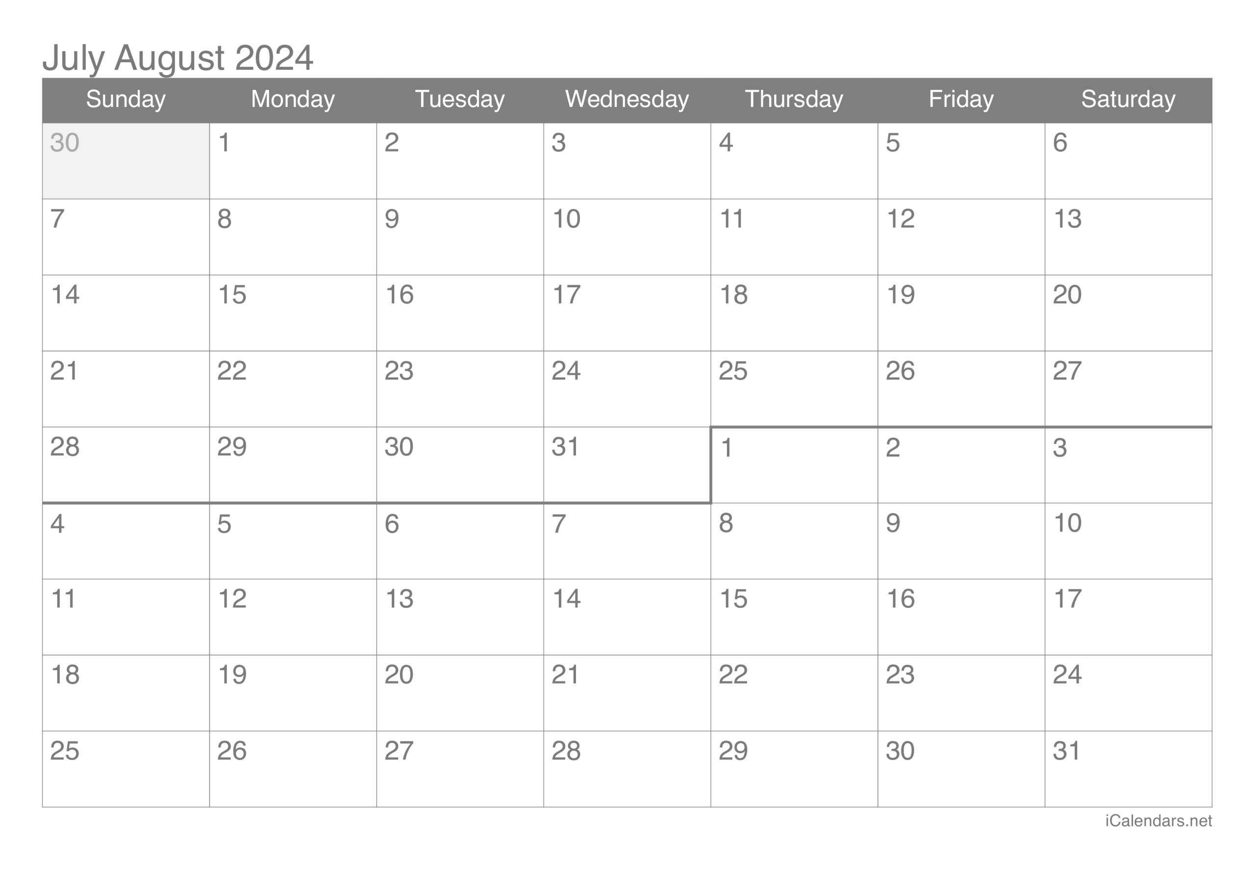 July And August 2024 Printable Calendar for 2024 July and August Calendar