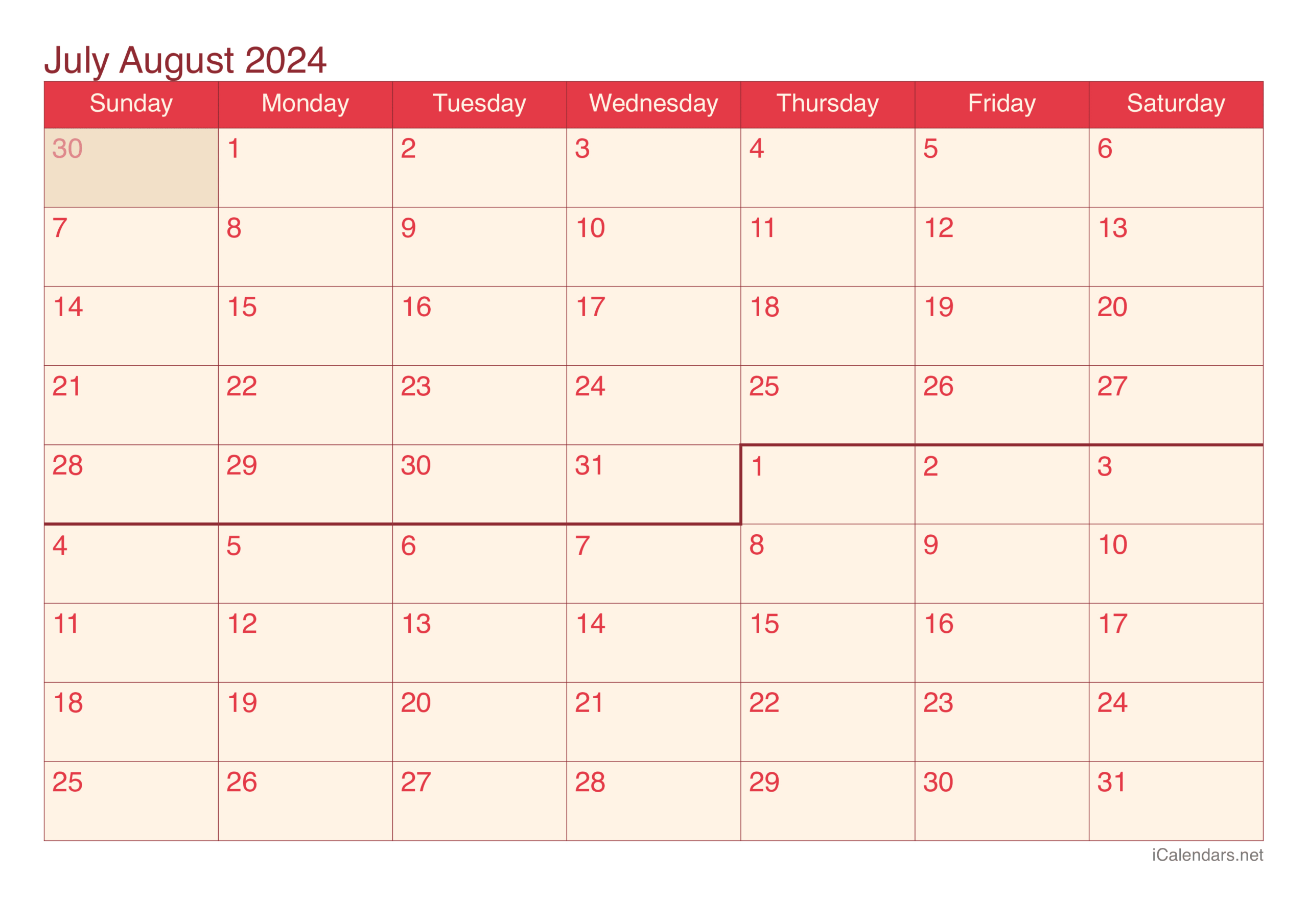 July And August 2024 Printable Calendar for Calendar For the Month of July and August 2024