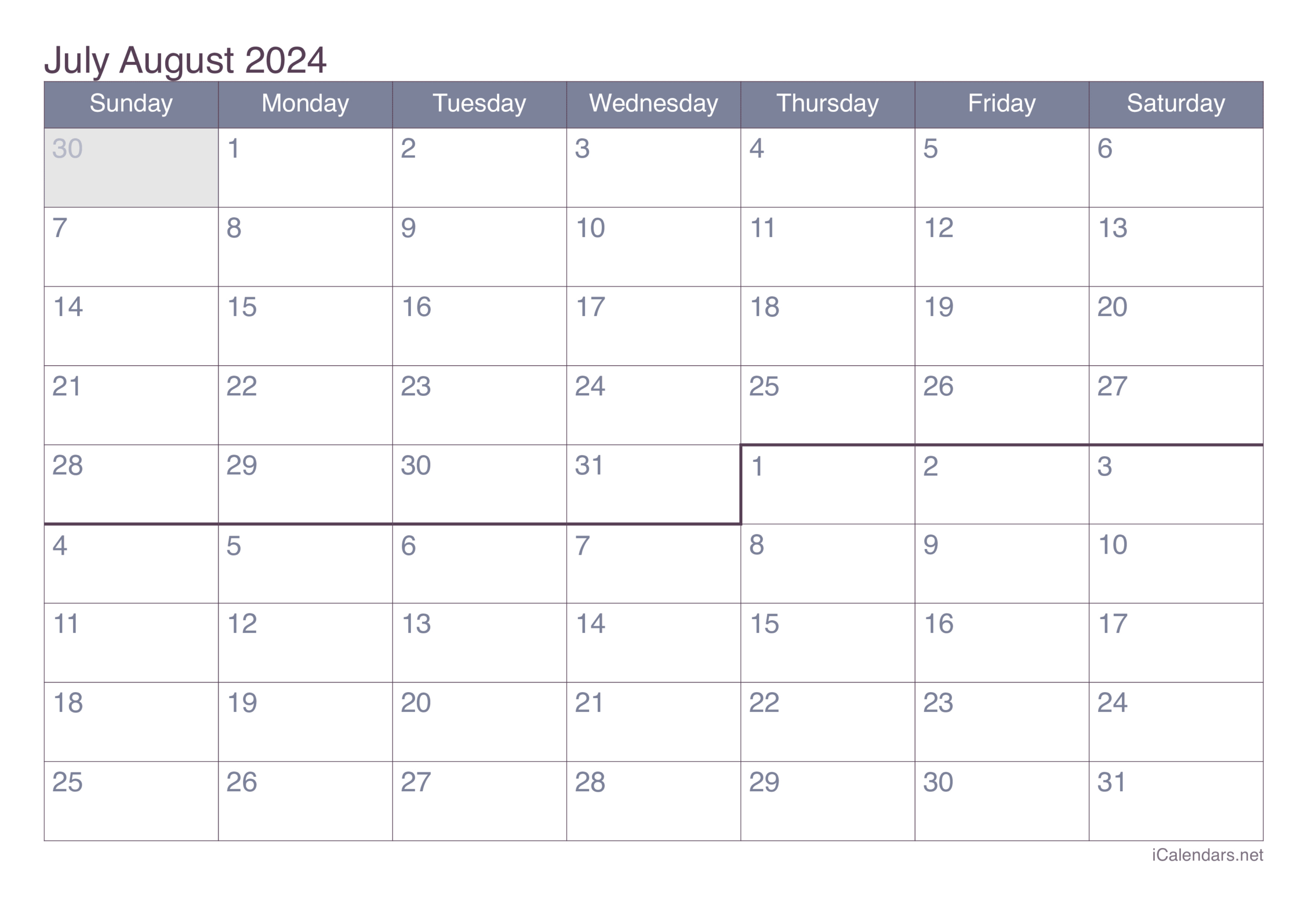 July And August 2024 Printable Calendar in Calendar June July August 2024 Printable