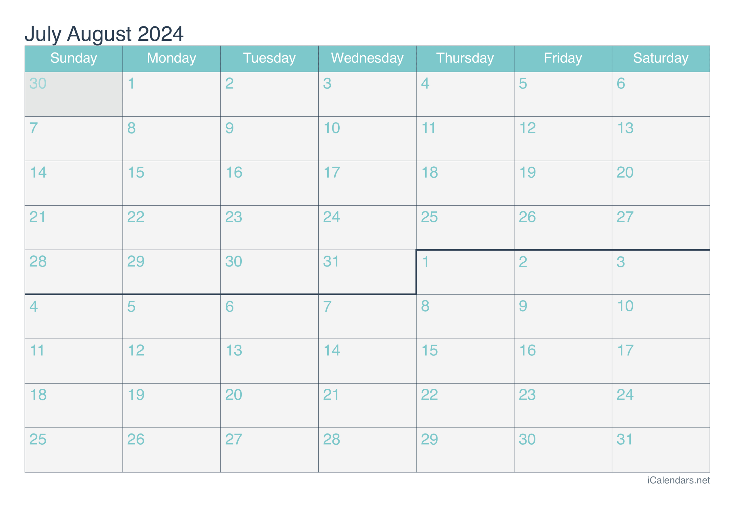 July And August 2024 Printable Calendar regarding Blank July August 2024 Calendar