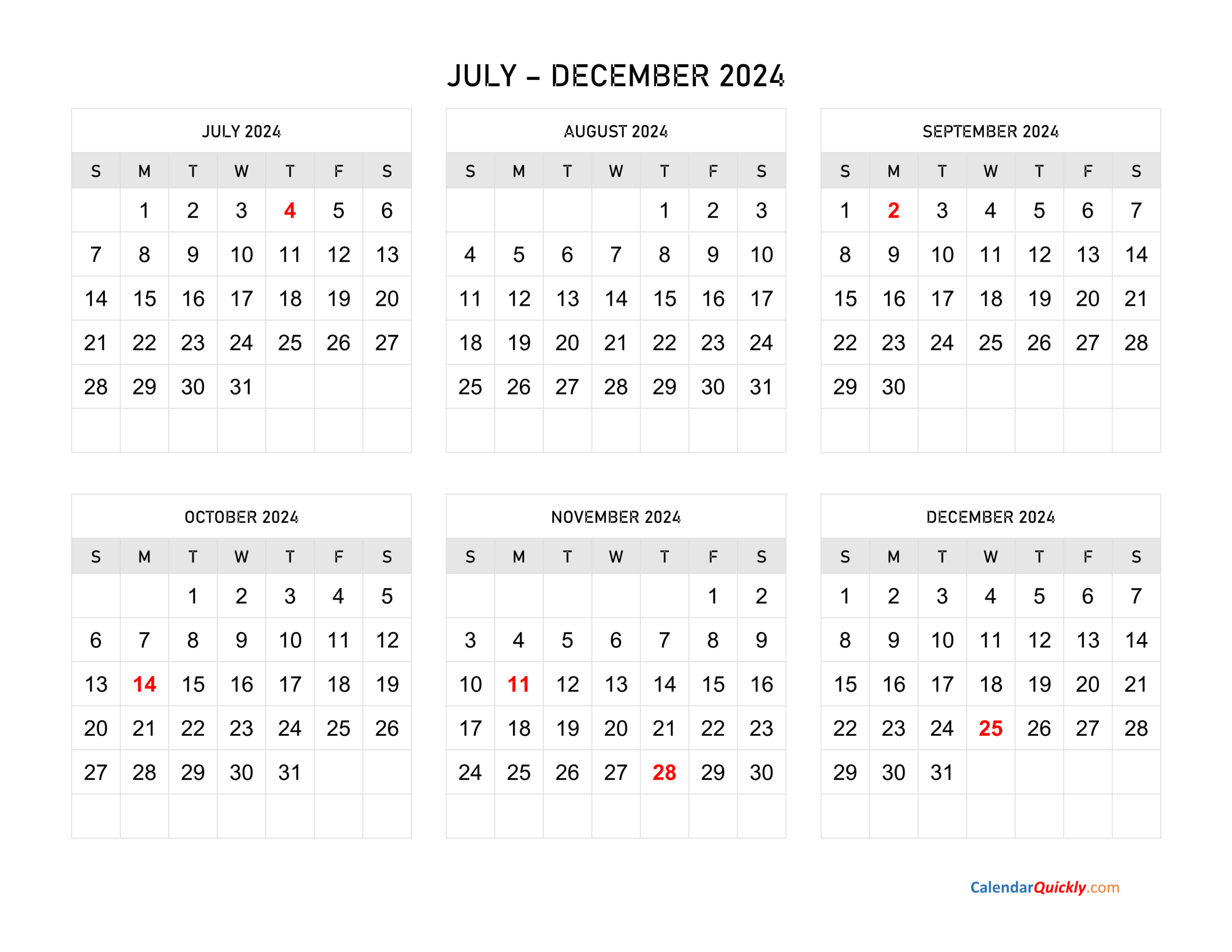 July To December 2024 Calendar Horizontal | Calendar Quickly regarding Calendar July - December 2024