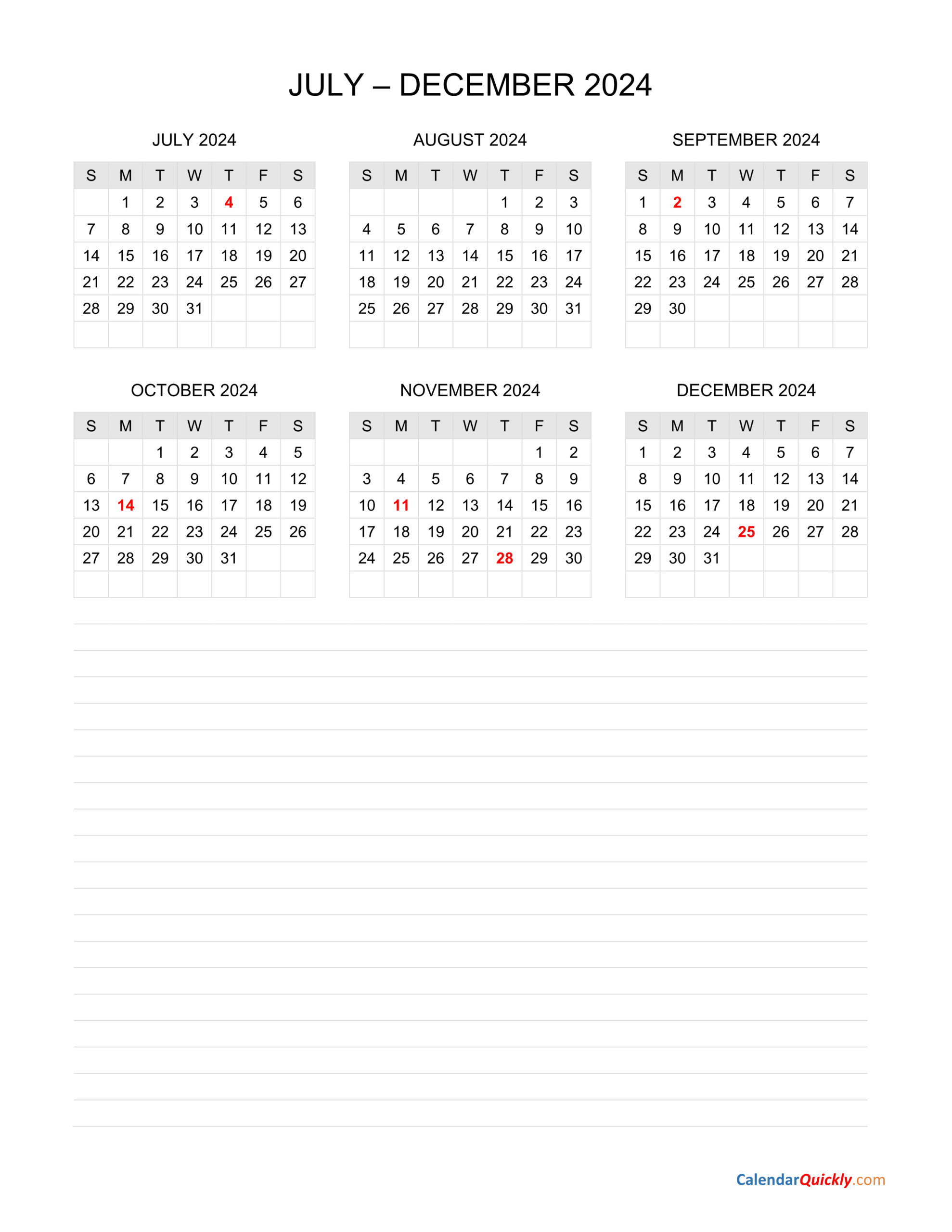 July To December 2024 Calendar With Notes | Calendar Quickly pertaining to Calendar July - December 2024