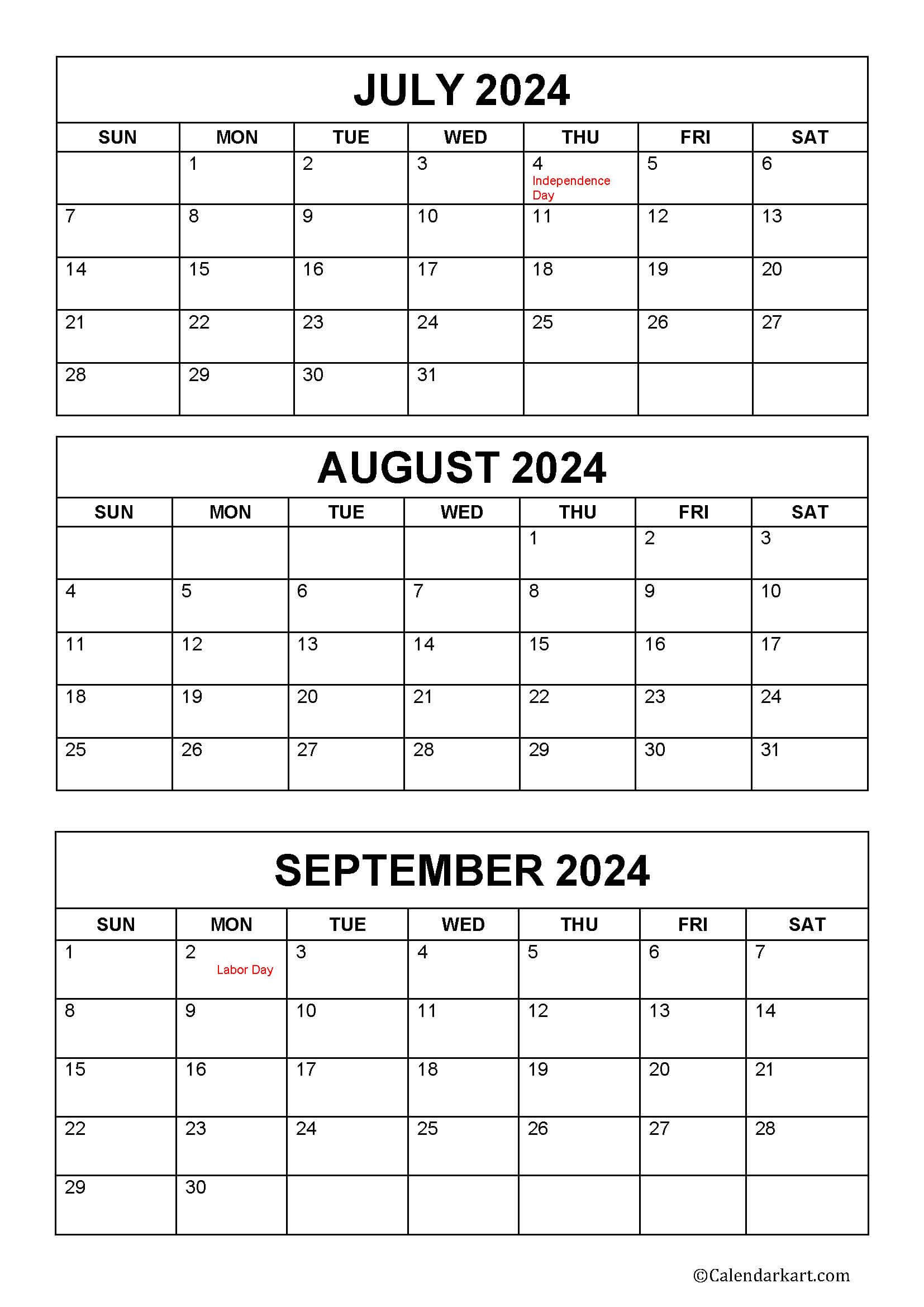 July To September 2024 Calendar (Q3) - Calendarkart for Calendar July Aug Sept 2024