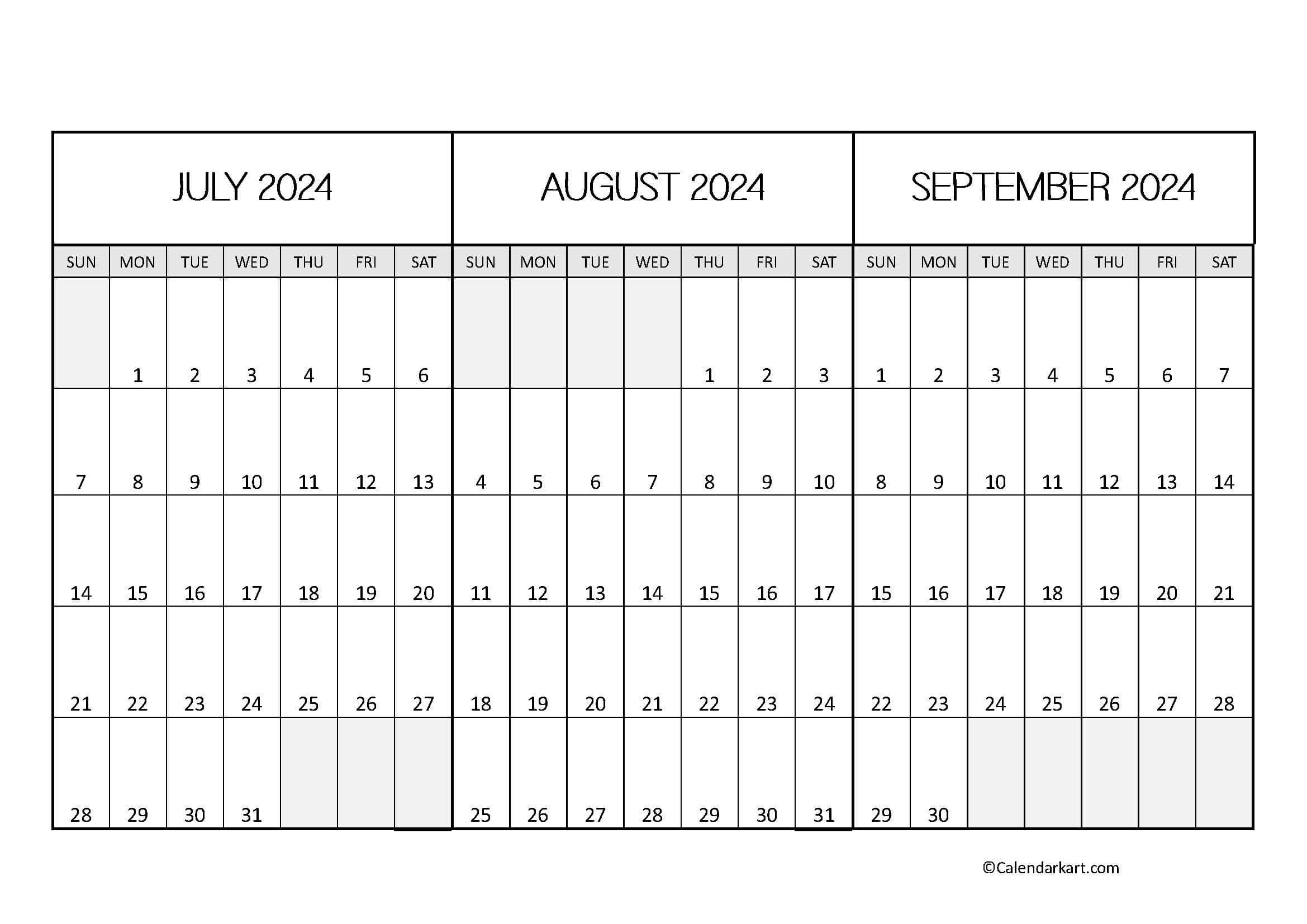 July To September 2024 Calendar (Q3) - Calendarkart in Calendar July Aug Sept 2024