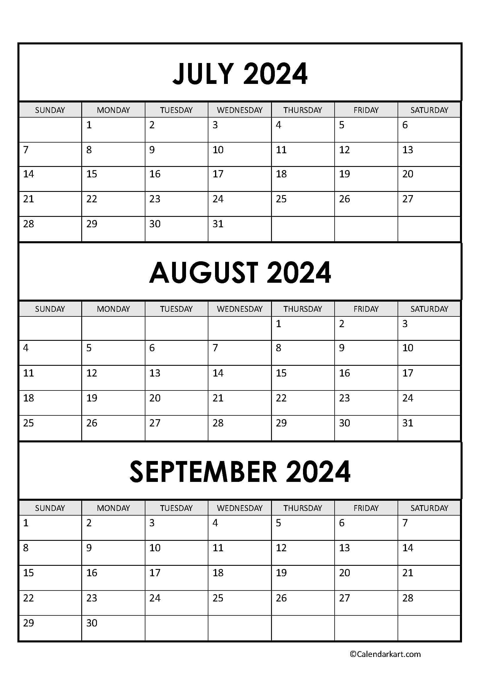 July To September 2024 Calendar (Q3) - Calendarkart intended for July Aug Sept 2024 Calendar Printable