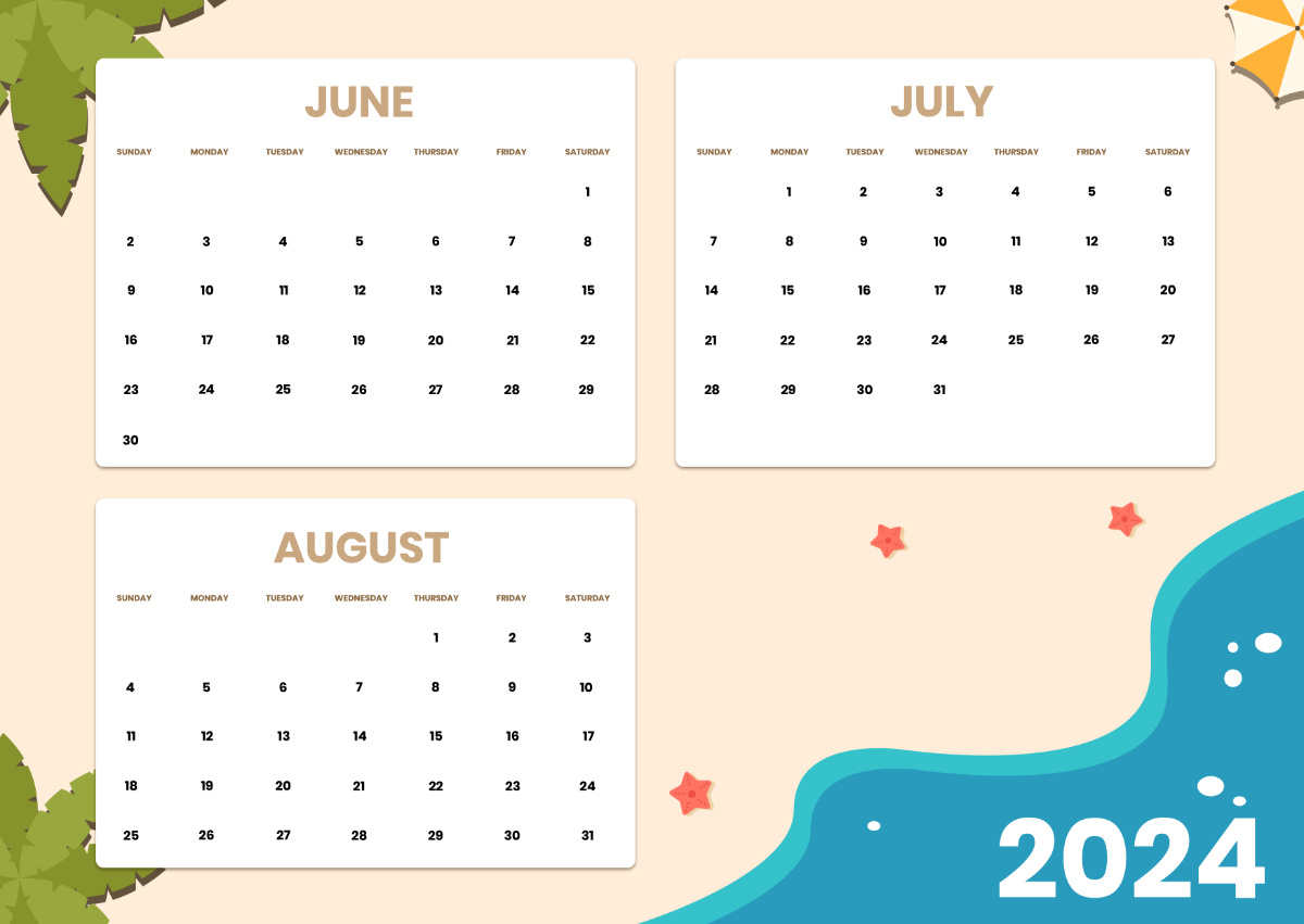 June July August Calendar 2024 Template - Edit Online &amp;amp; Download throughout Calendar of June July and August 2024