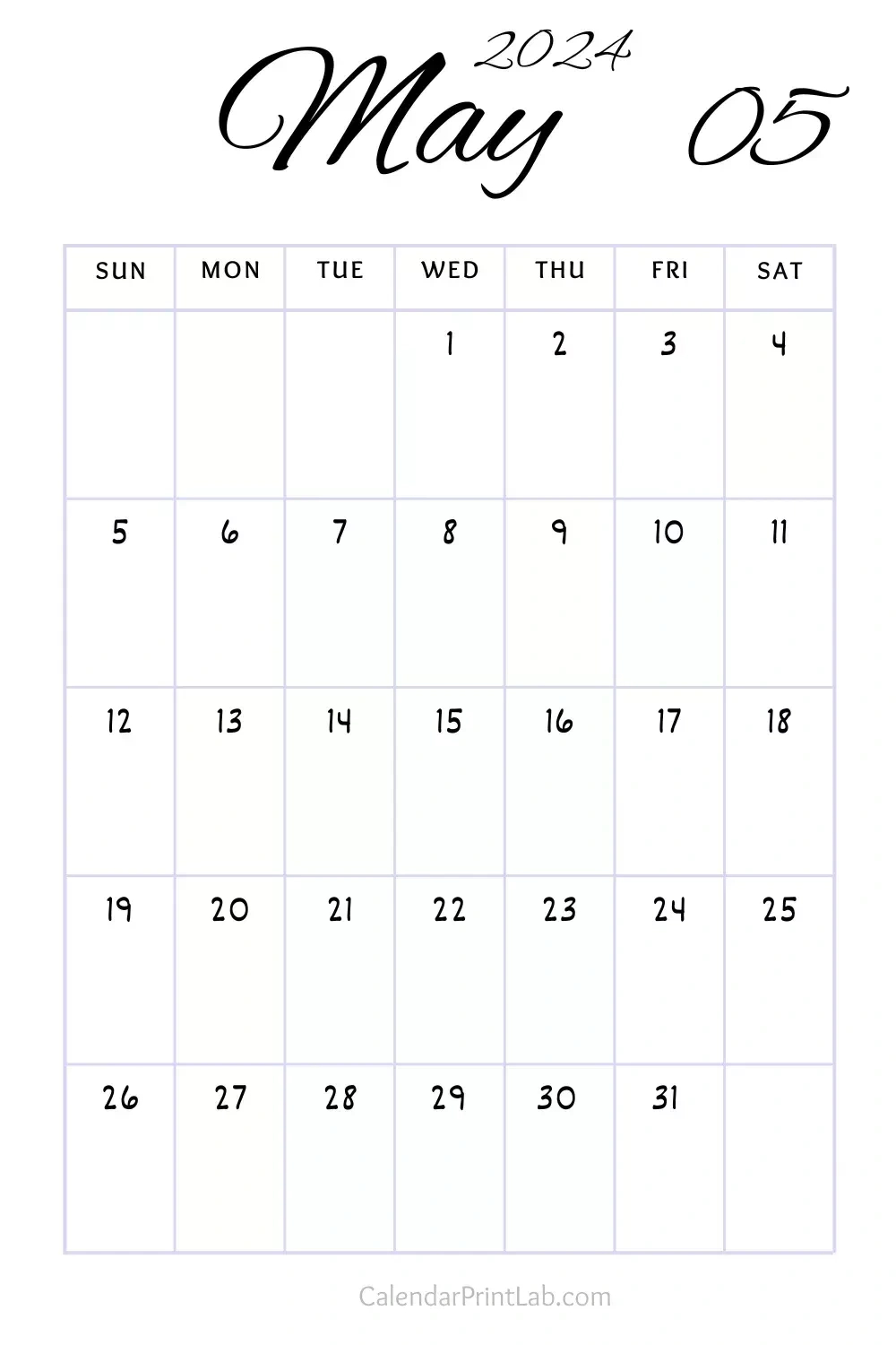 May 2024 Minimalist Calendar Printable | Calendar Printables for Free Printable Calendar 2024 May Calendar Lab