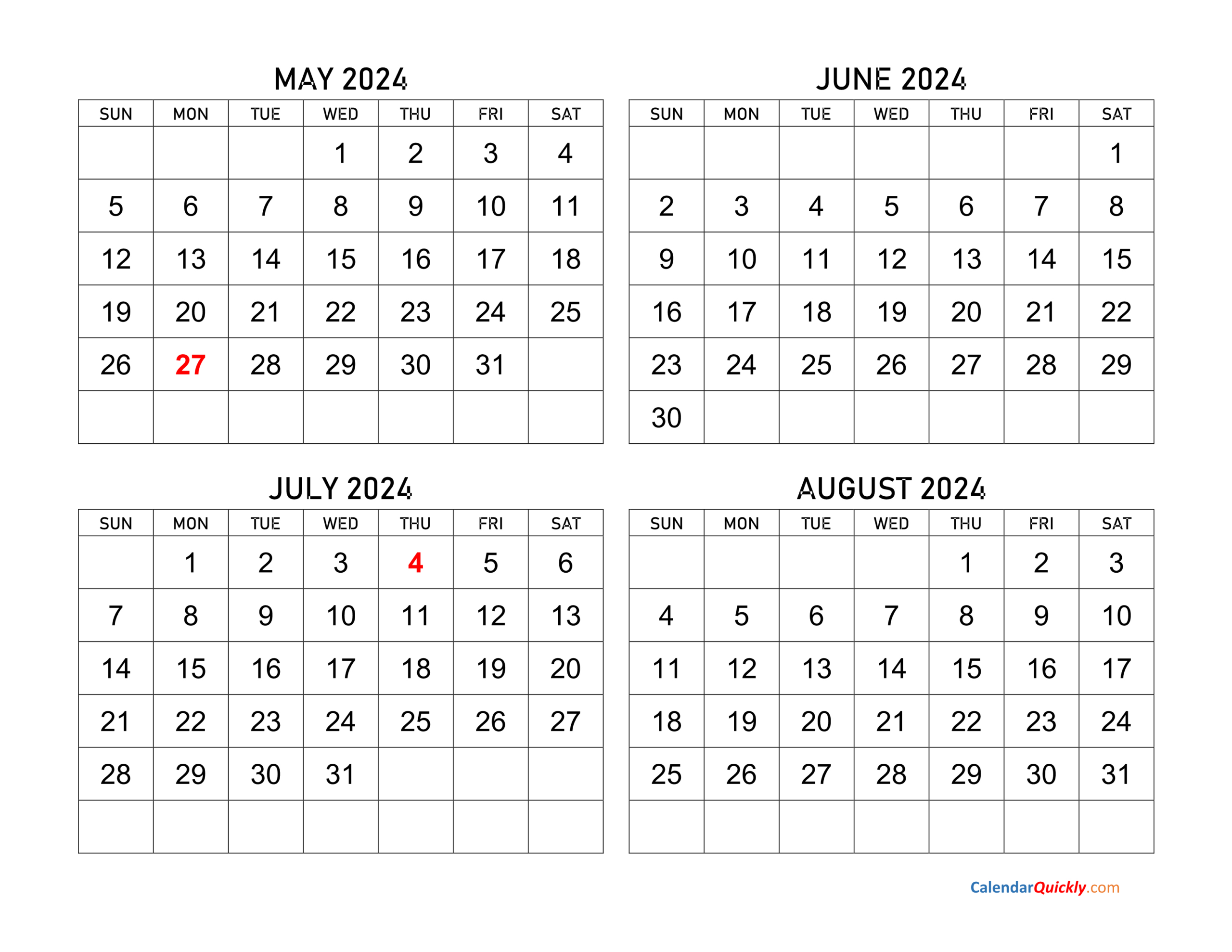 May To August 2024 Calendar | Calendar Quickly within Calendar May June July August 2024