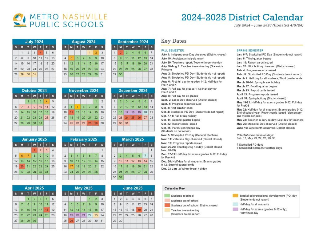 Metro Nashville Public Schools Calendar 2024-25 | Mnps Holidays inside Nashville Calendar July 2024