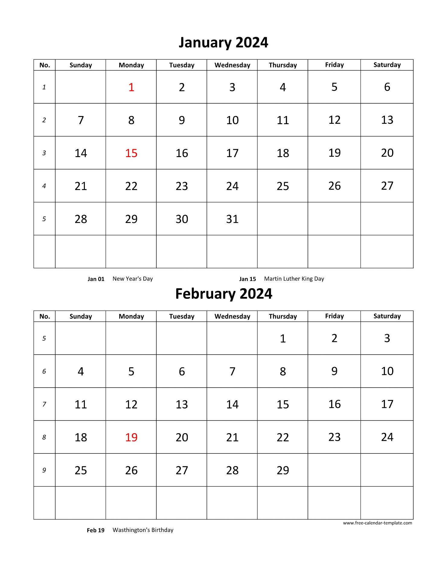 Monthly Calendar 2024, 2 Months Per Page (Vertical) | Free pertaining to Free Printable Calendar 2024 Two Months Per Page