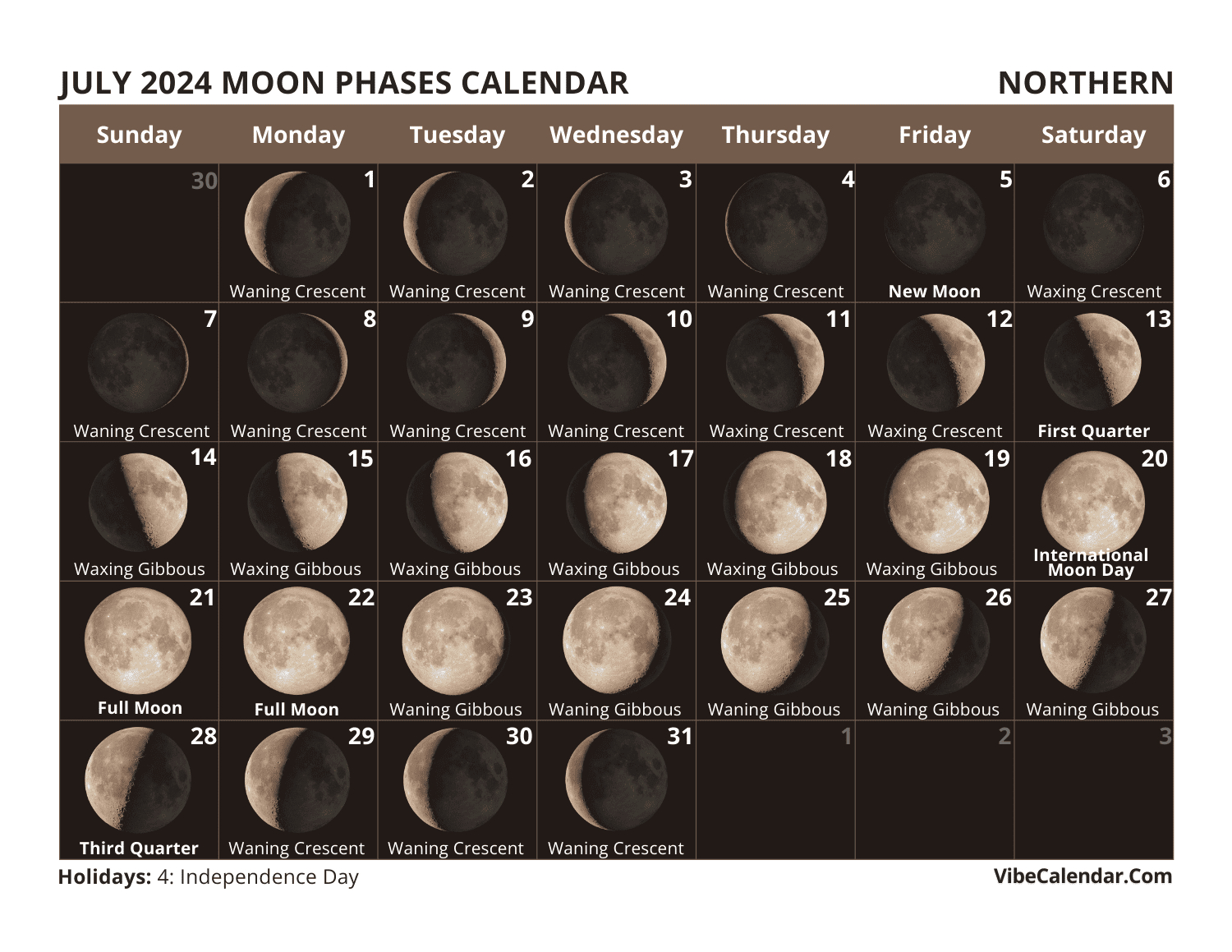 Moon Phases Calendar 2024: Printable Monthly Templates for July Calendar with Moon Phases 2024