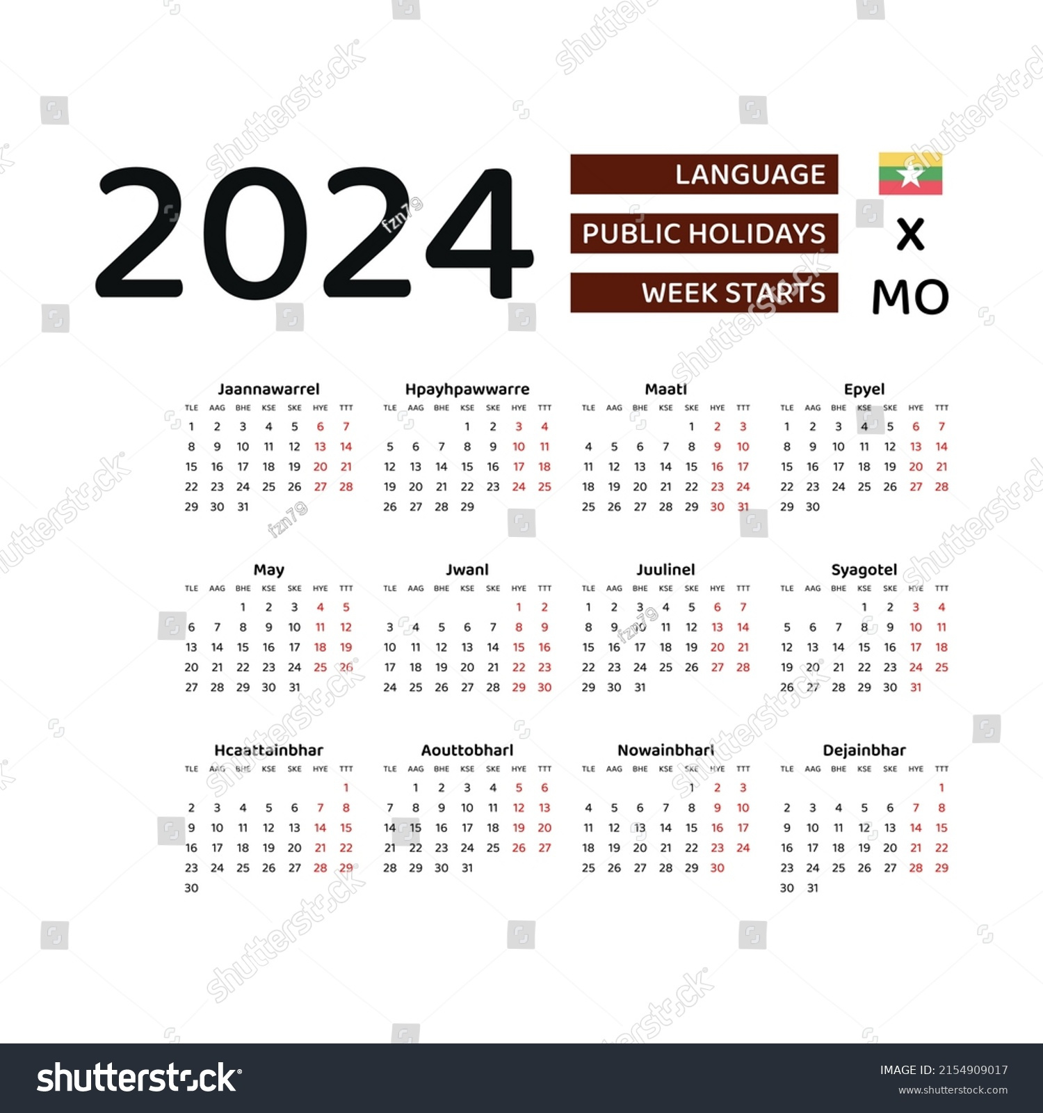 Myanmar Calendar 2024 Week Starts Monday Stock Vector (Royalty regarding July 2024 Myanmar Calendar