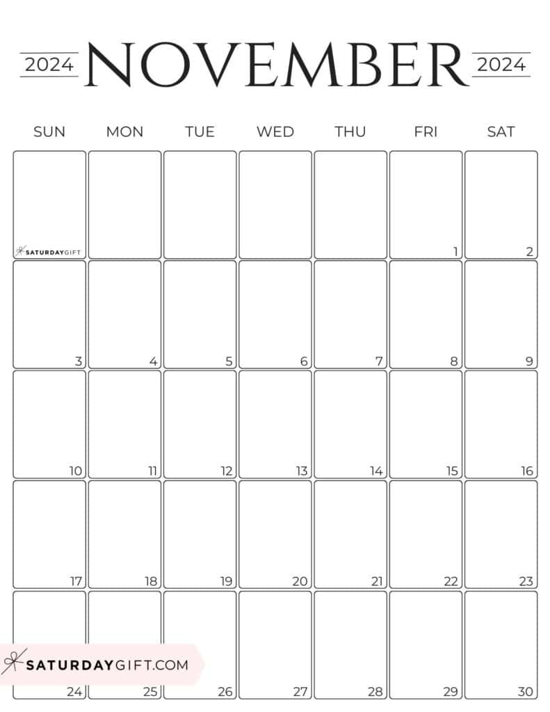 November 2024 Calendar - 20 Cute &amp;amp; Free Printables | Saturdaygift regarding Free Printable Blank November 2024 Calendar