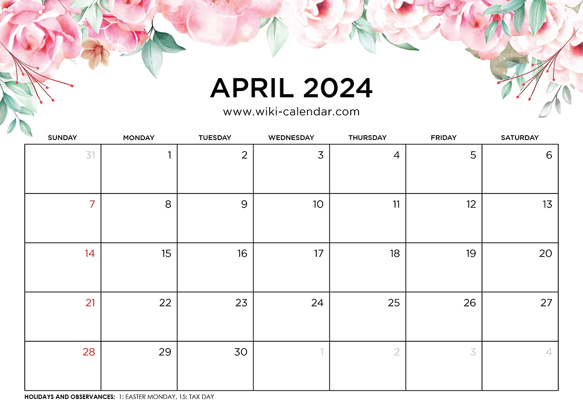 Printable April 2024 Calendar Templates With Holidays for Free Printable April 2024 Calendar Flowers