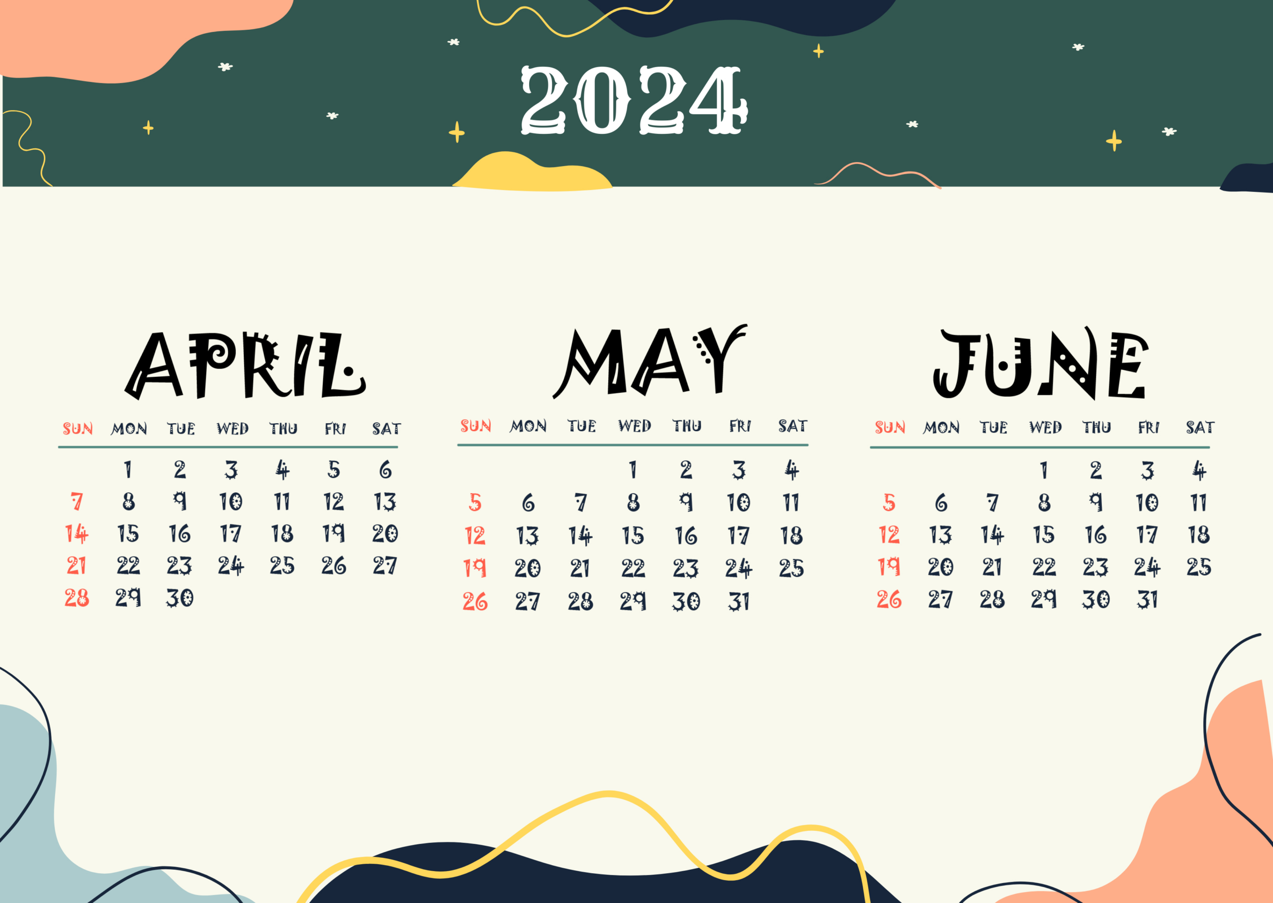 Printable April May June 2024 Calendar Template - Edit Online intended for April May June July Calendar 2024