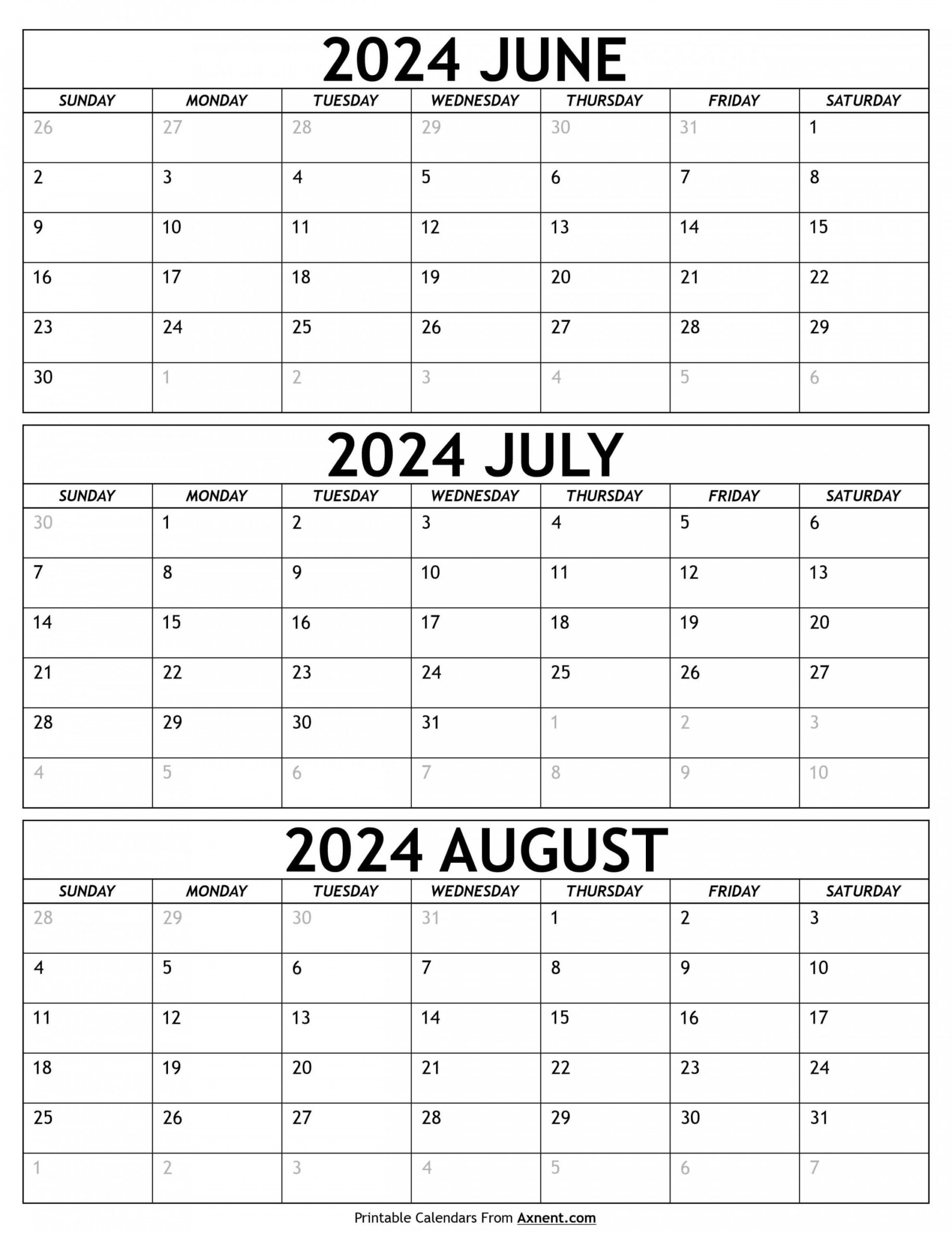 Printable Calendar June July August 2024 In 2024 | June Calendar for June and July Blank Calendar 2024
