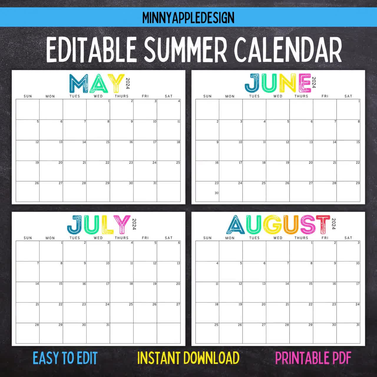 Printable Editable Summer Calendar June, July, August Calendar intended for June July August 2024 Calendar Editable