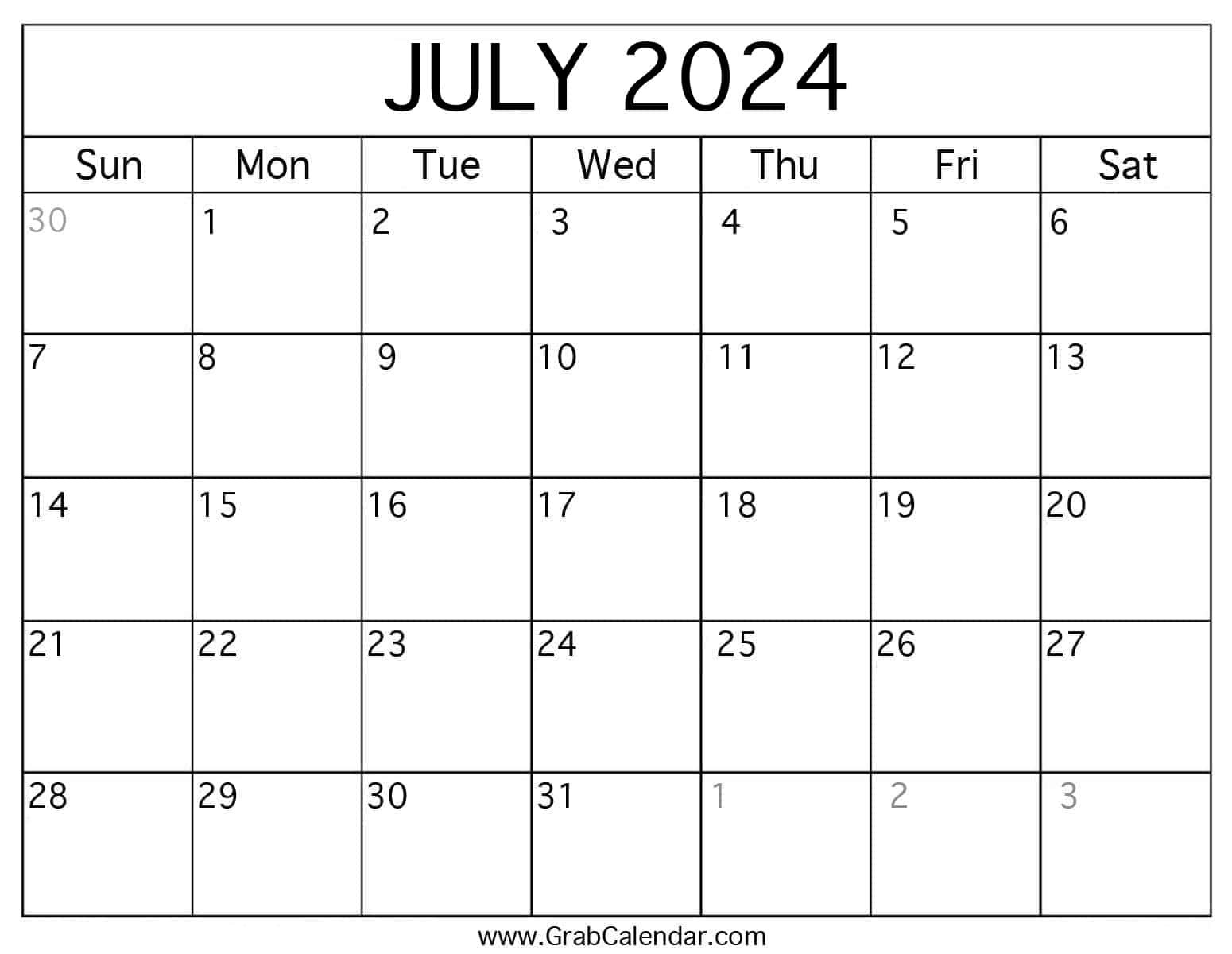 Printable July 2024 Calendar in Blank Printable Calendar July 2024