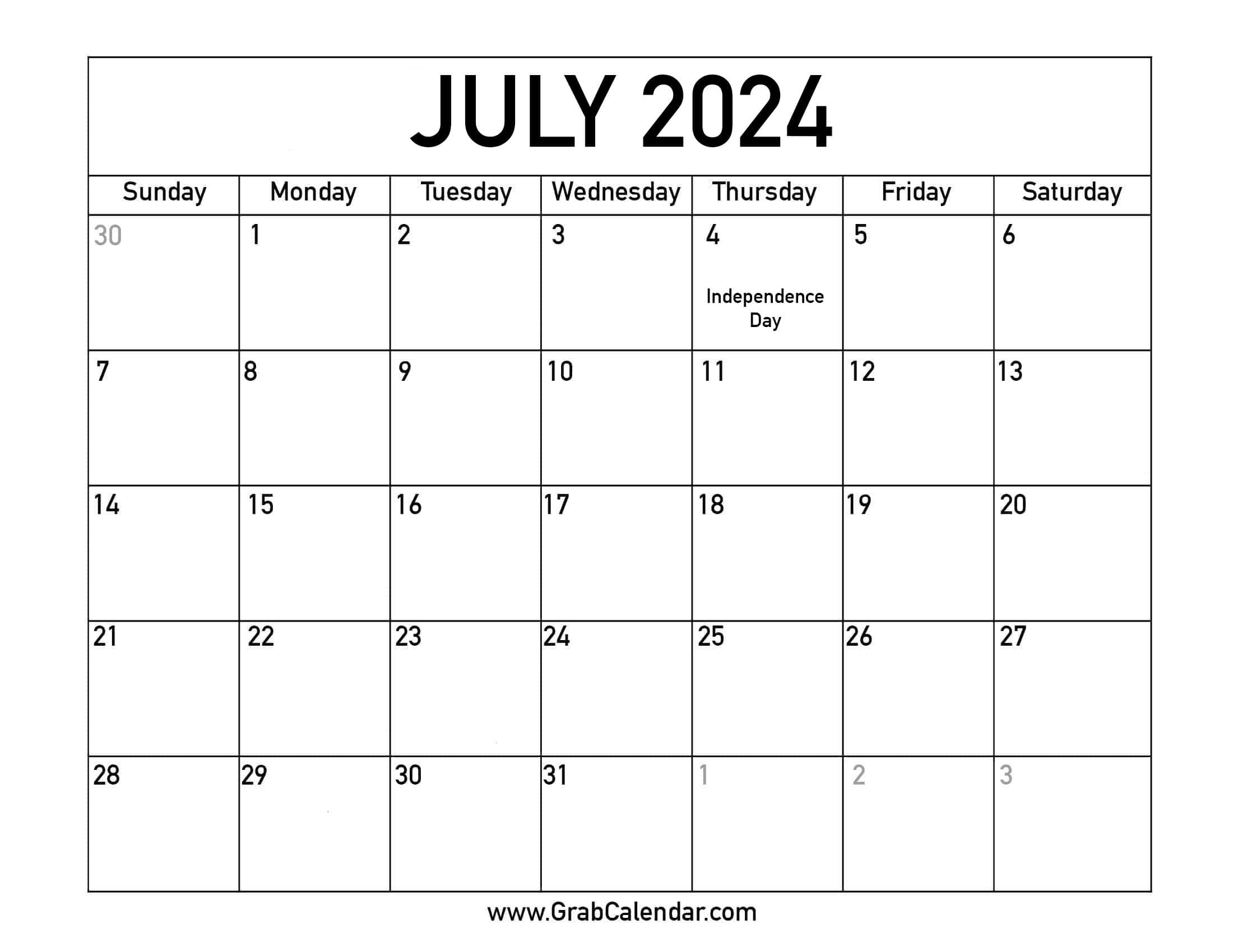 Printable July 2024 Calendar intended for National Day Calendar For July 2024