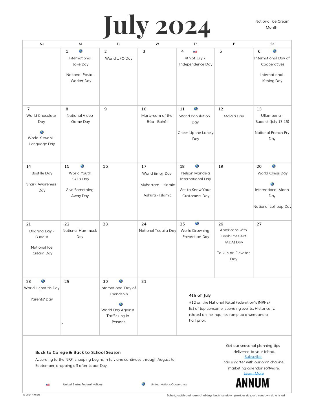 Printable July 2024 Calendar | July Holidays | Annum in Calendar Events July 2024