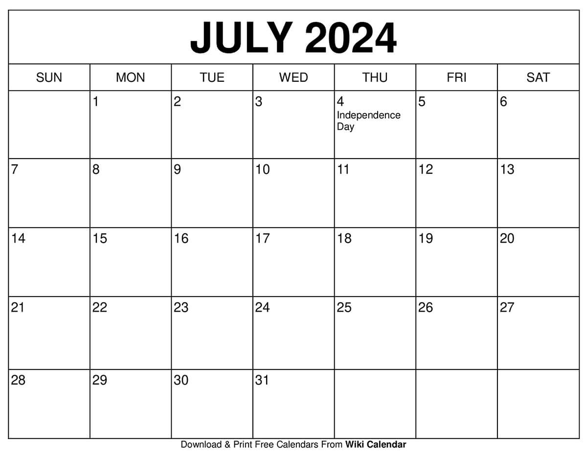 Printable July 2024 Calendar Templates With Holidays for 31 July 2024 Calendar Printable