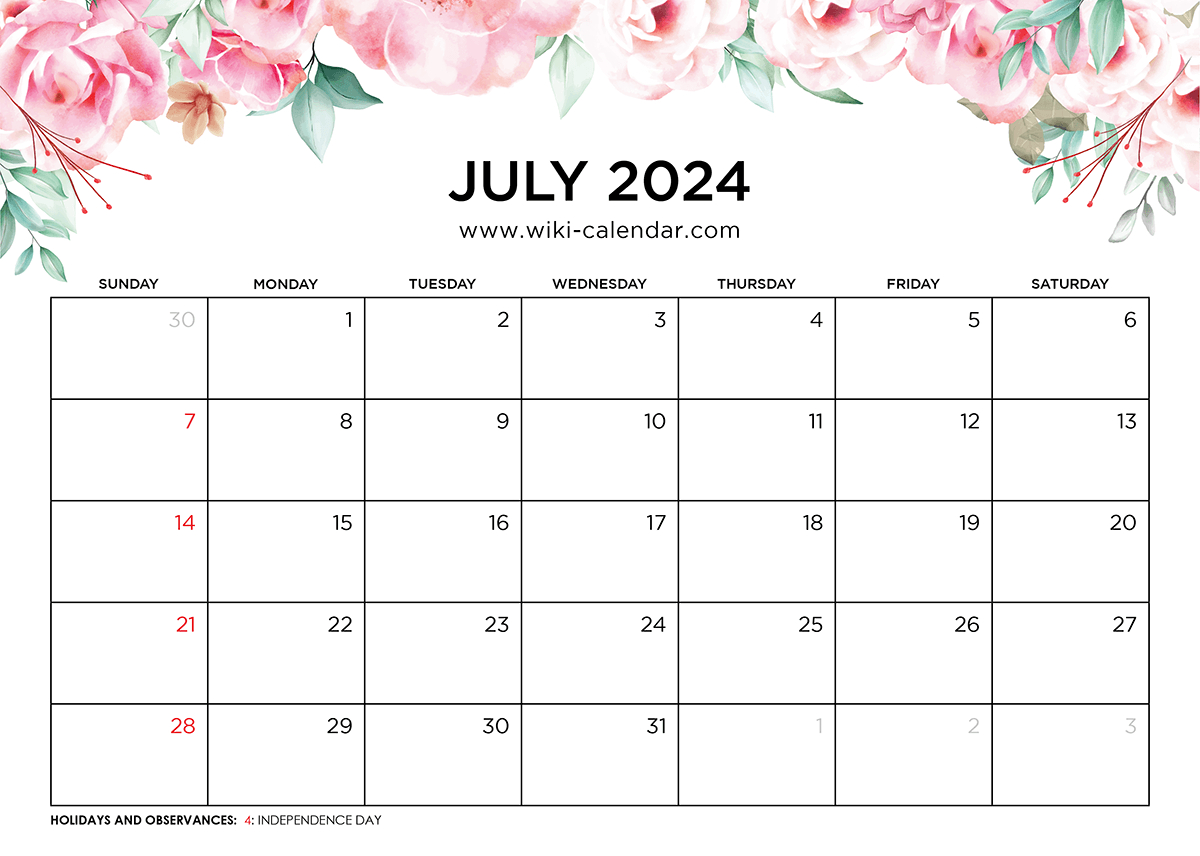 Printable July 2024 Calendar Templates With Holidays with Wiki Calendar July 2024