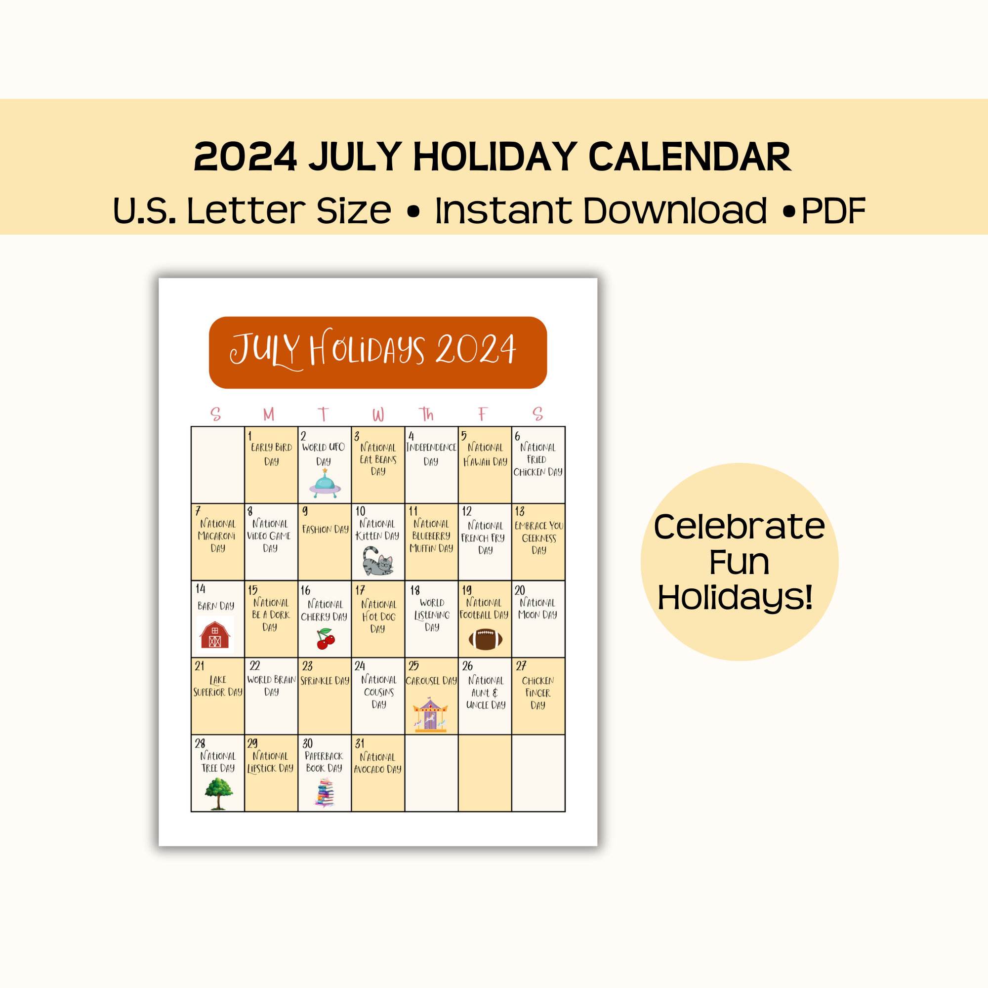 Printable July 2024 Holiday Calendar, Fun, Wacky, And National for July Calendar National Days 2024
