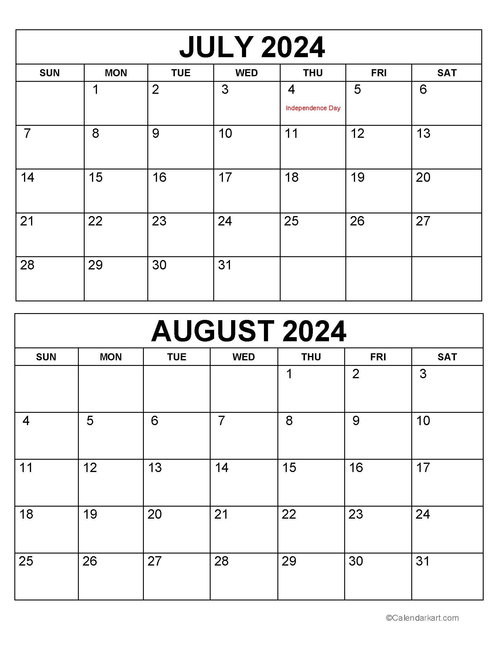 Printable July August 2024 Calendar | Calendarkart for July and August 2024 Printable Calendar