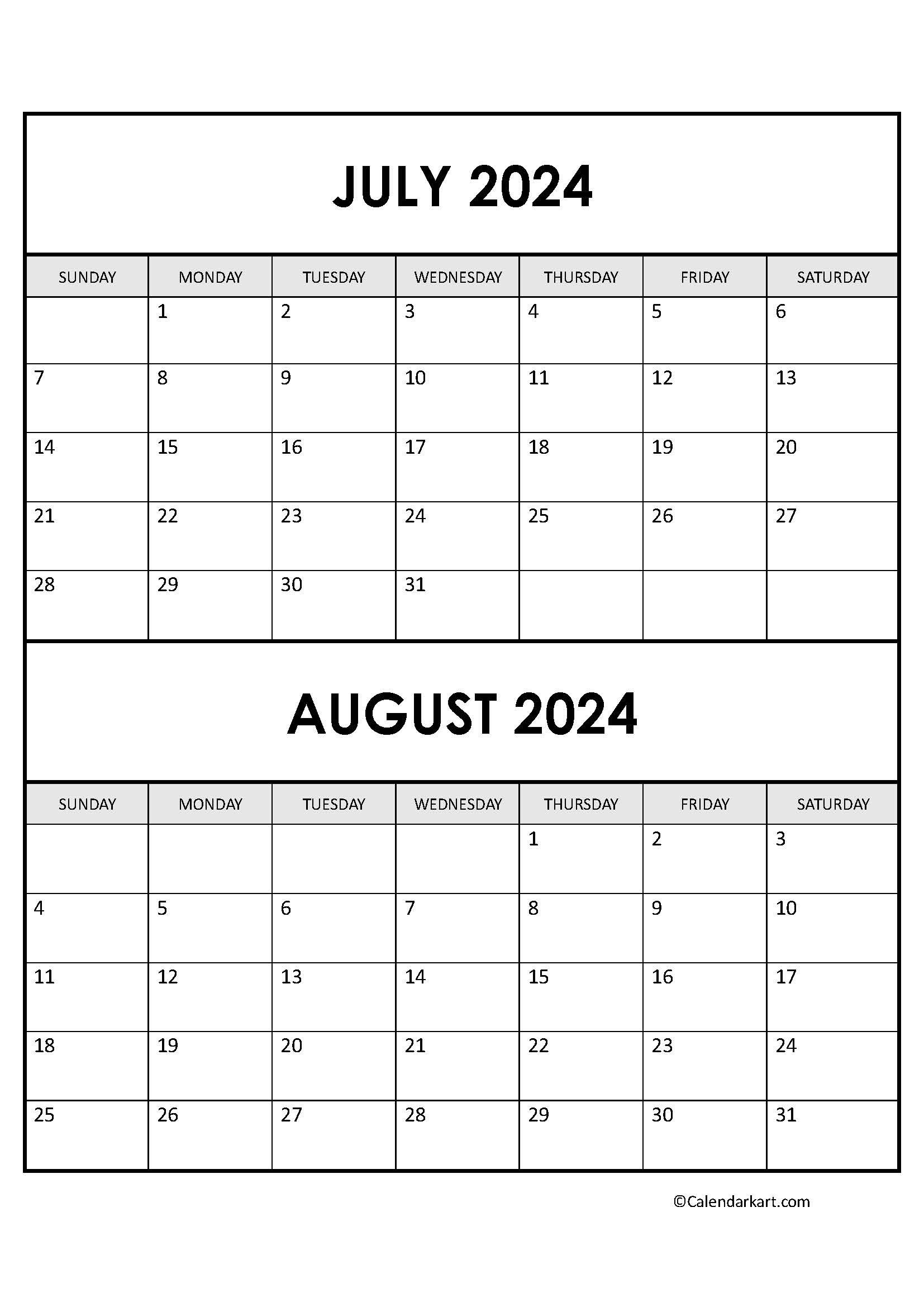 Printable July August 2024 Calendar | Calendarkart regarding Blank July August Calendar 2024