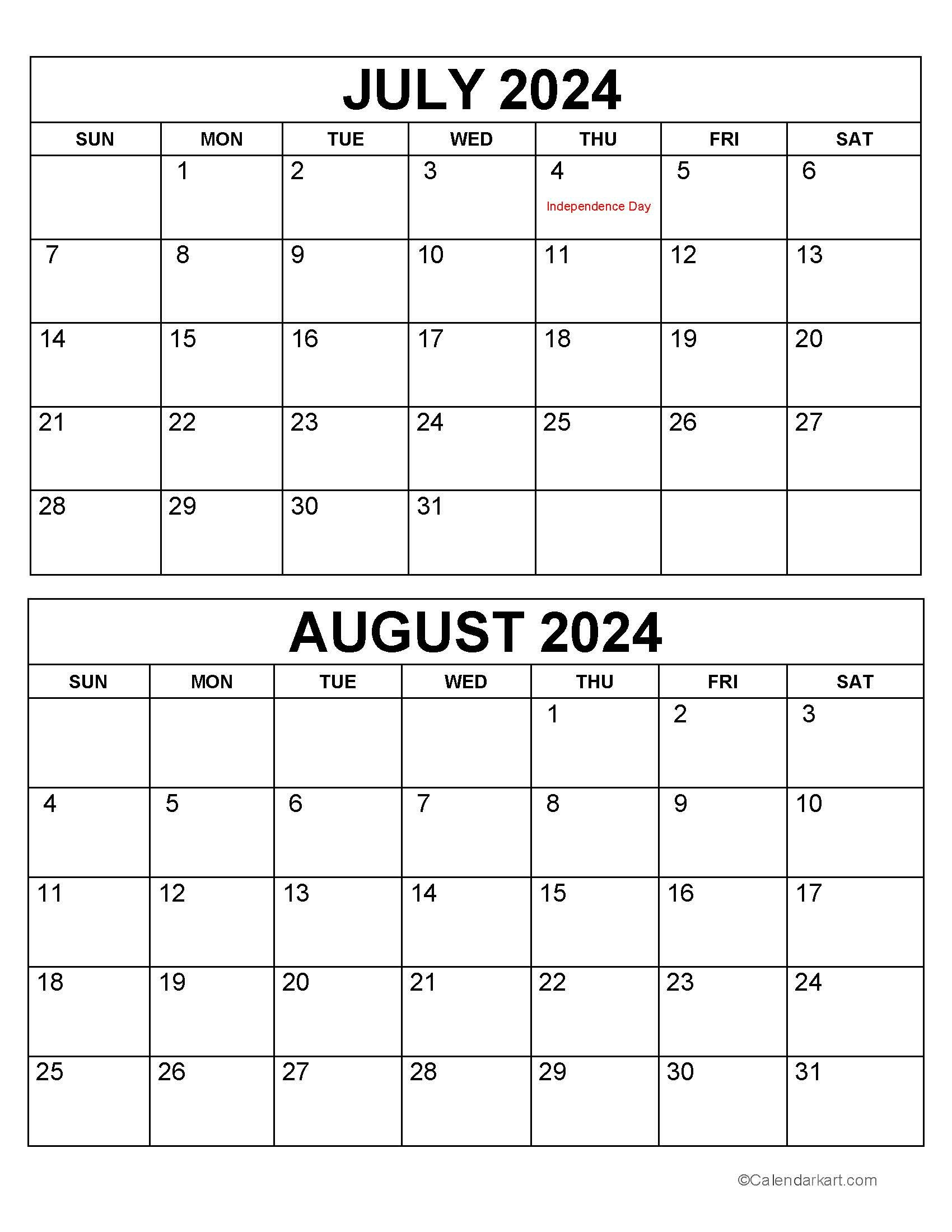 Printable July August 2024 Calendar | Calendarkart regarding June July August 2024 Printable Calendar