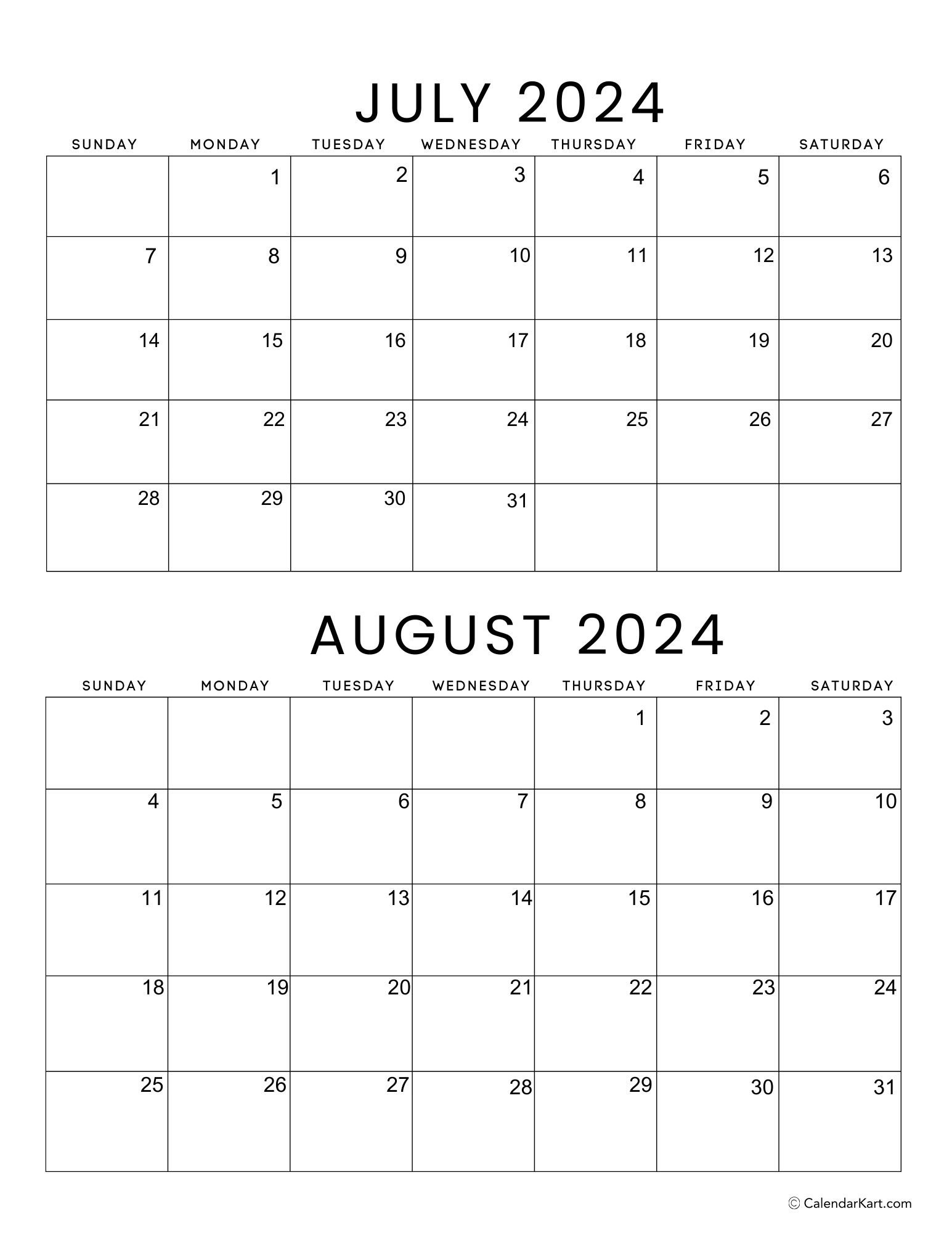 Printable July August 2024 Calendar | Calendarkart with regard to July August Blank Calendar 2024