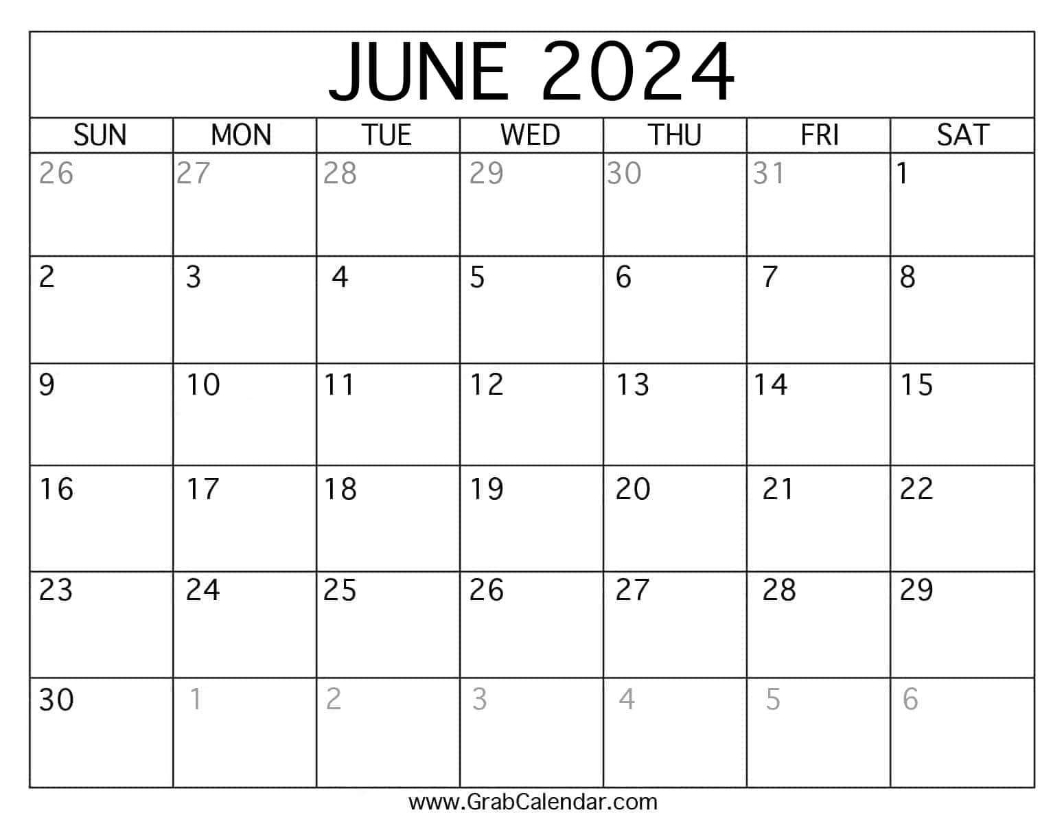 Printable June 2024 Calendar in Blank Calendar June and July 2024